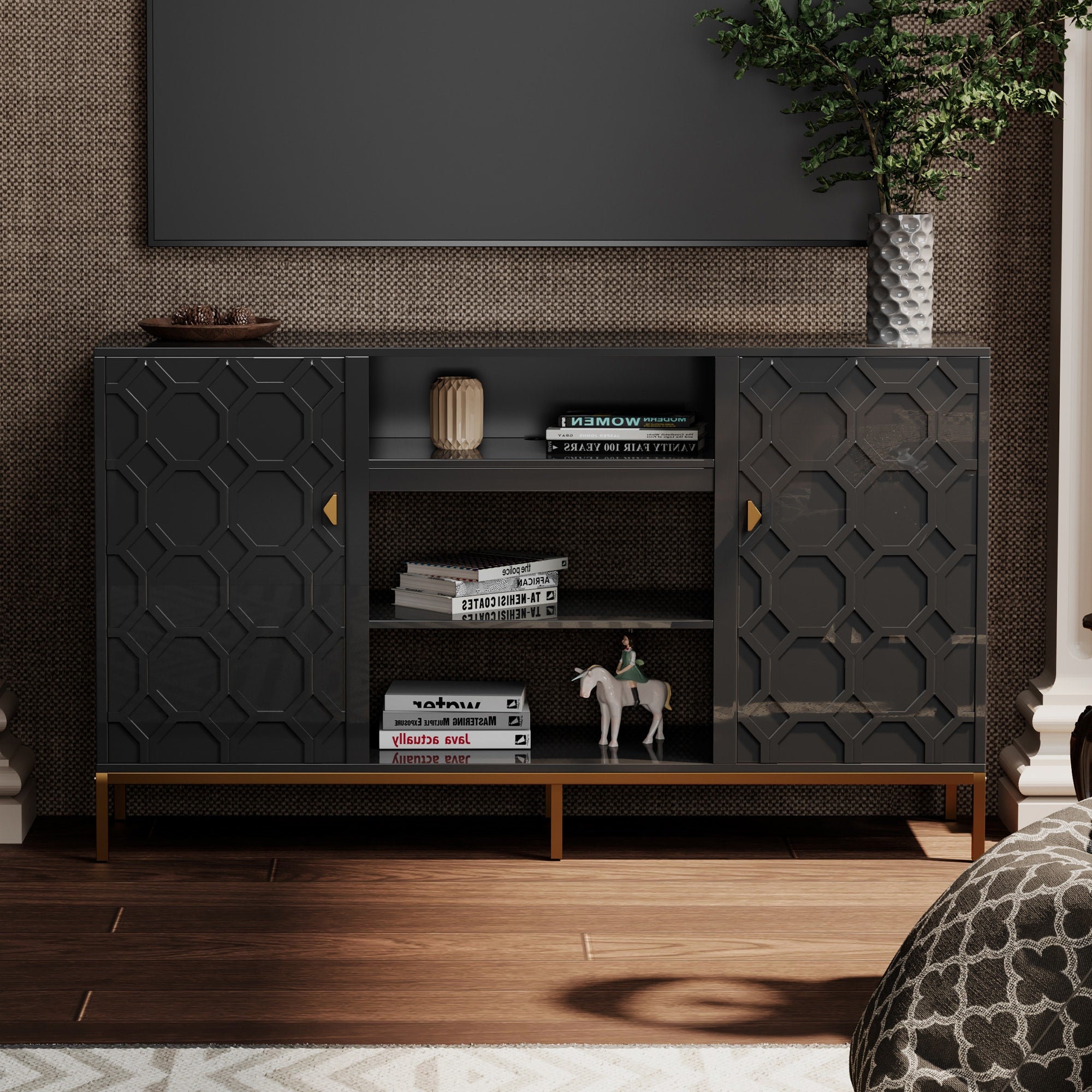 Clihome TV stand with storage Modern/Contemporary Black Tv Cabinet (Accommodates TVs up to 60-in)