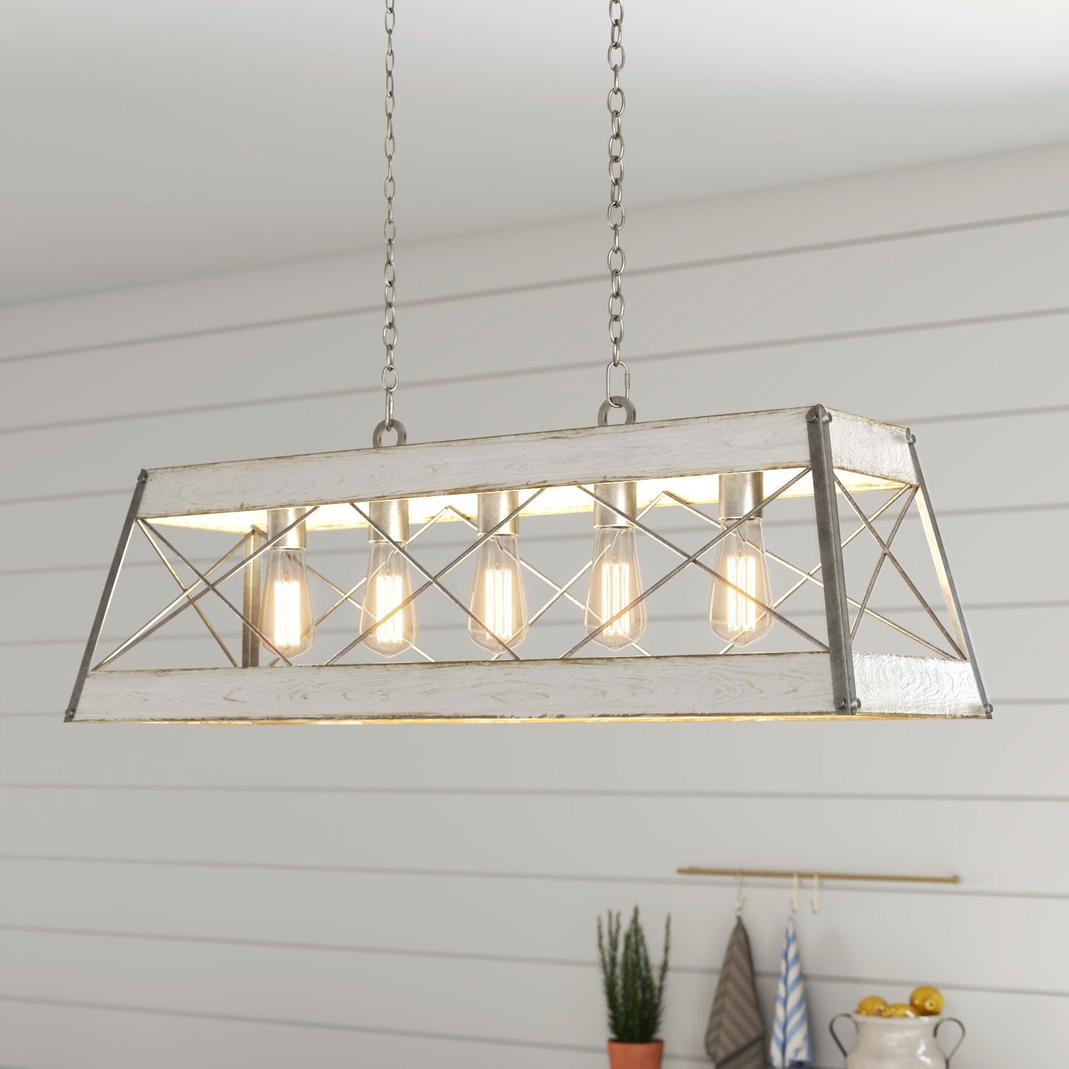 Progress Lighting Bradberry 5-Light Antique White and Galvanized Farmhouse Linear Large Hanging Kitchen Island Light