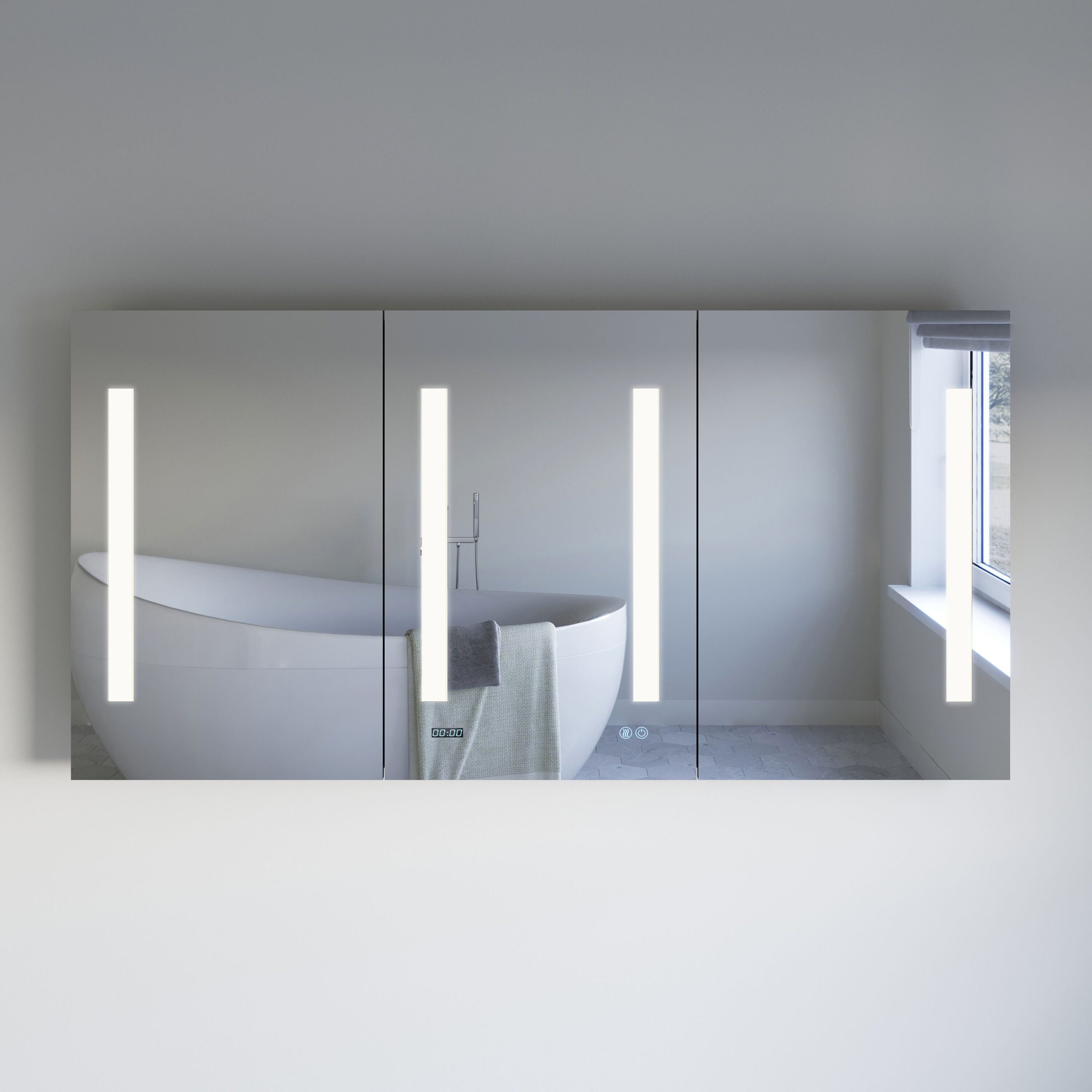 Fresca 59-in x 30-in Lighted LED Fog Free Surface/Recessed Mount Silver Mirrored Soft Close Medicine Cabinet with Outlet