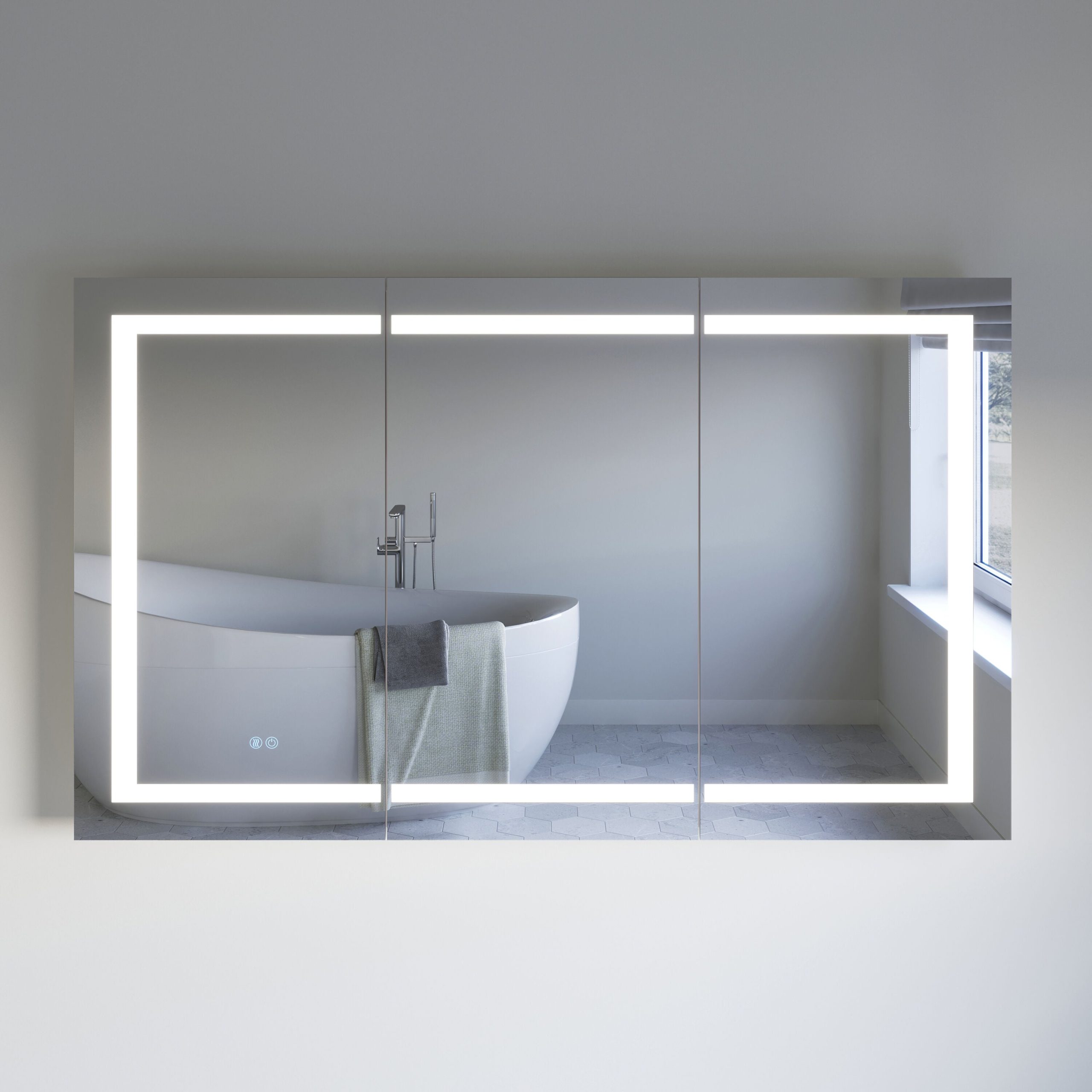 Fresca 59-in x 36-in Lighted LED Fog Free Surface/Recessed Mount Silver Mirrored Soft Close Medicine Cabinet with Outlet