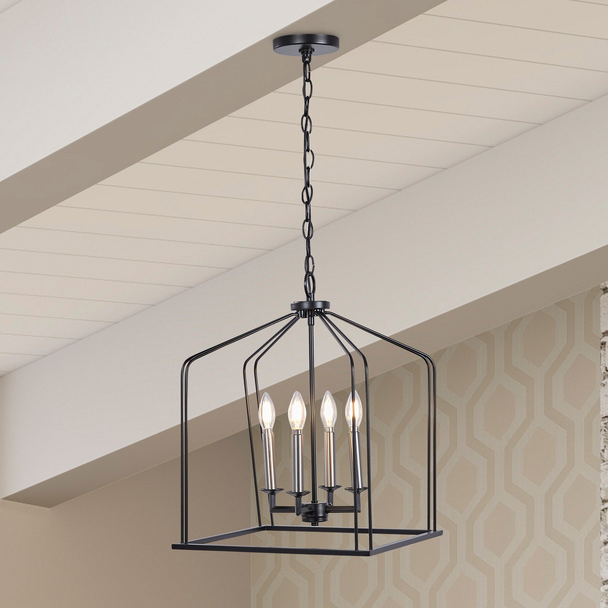 Progress Lighting Frisco 4-Light Black and Antique Nickel Farmhouse Lantern Medium Hanging Pendant Light