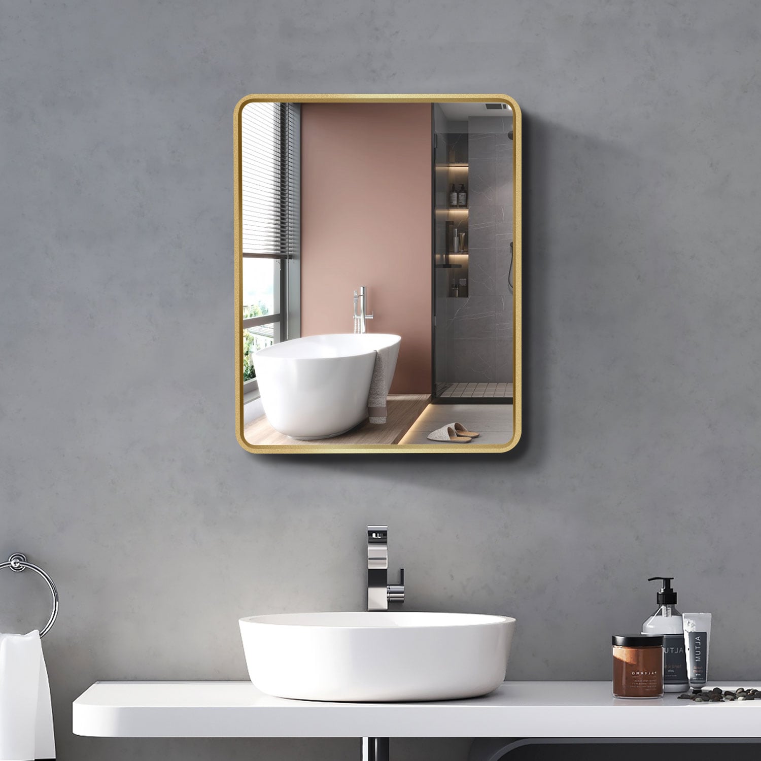 Forclover 24-in x 30-in Surface/Recessed Mount Gold + Matte Black Mirrored Soft Close Medicine Cabinet