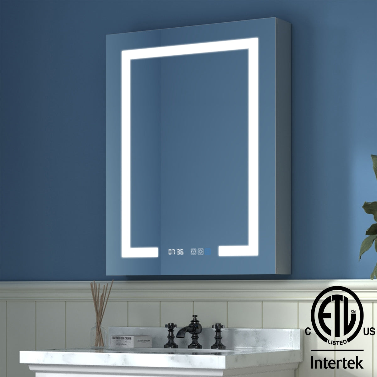 Forclover 24-in x 32-in Lighted LED Fog Free Surface Mount Silver Mirrored Soft Close Medicine Cabinet with Outlet