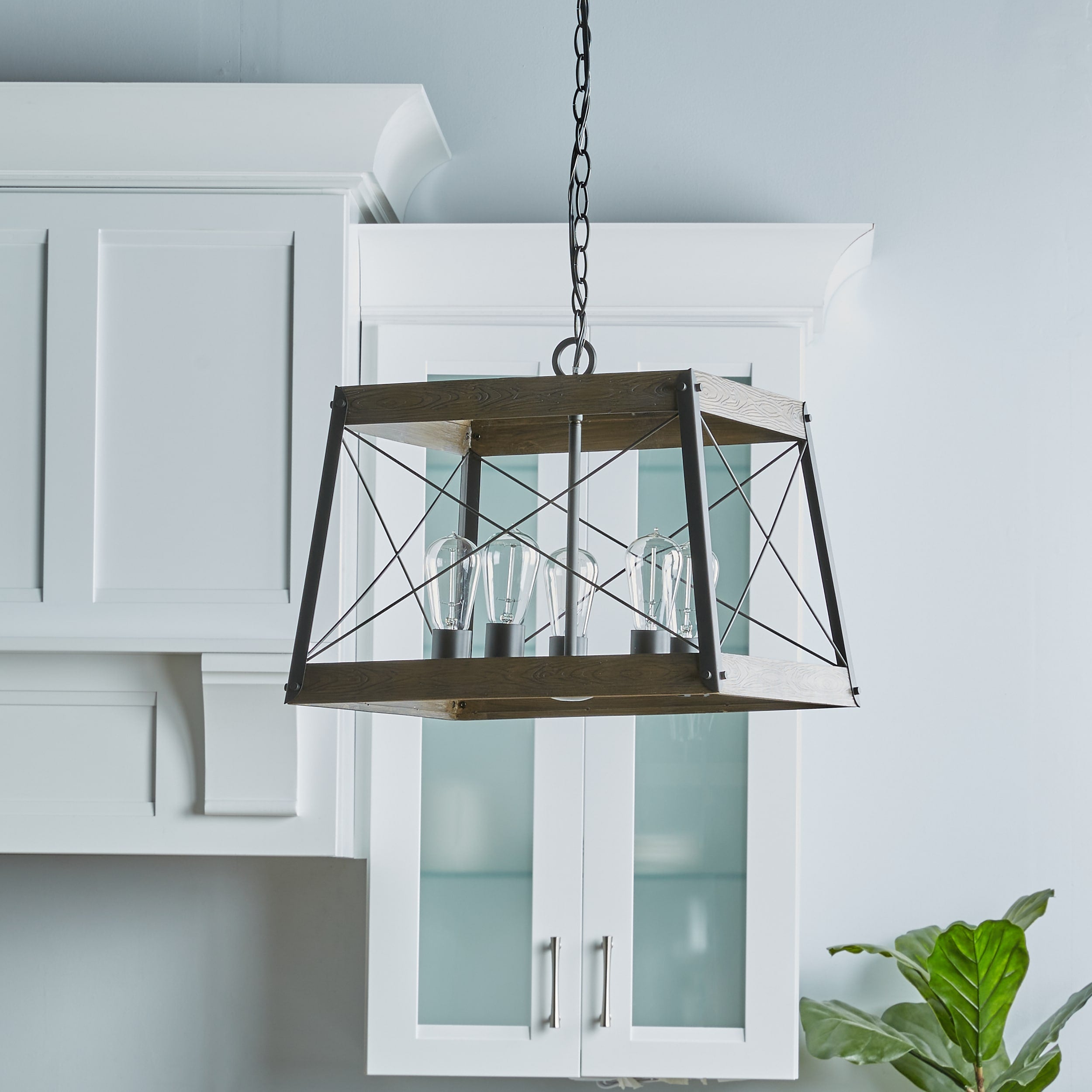 Progress Lighting Bradberry 5-Light Weathered Oak and Graphite Farmhouse Lantern Medium Hanging Pendant Light