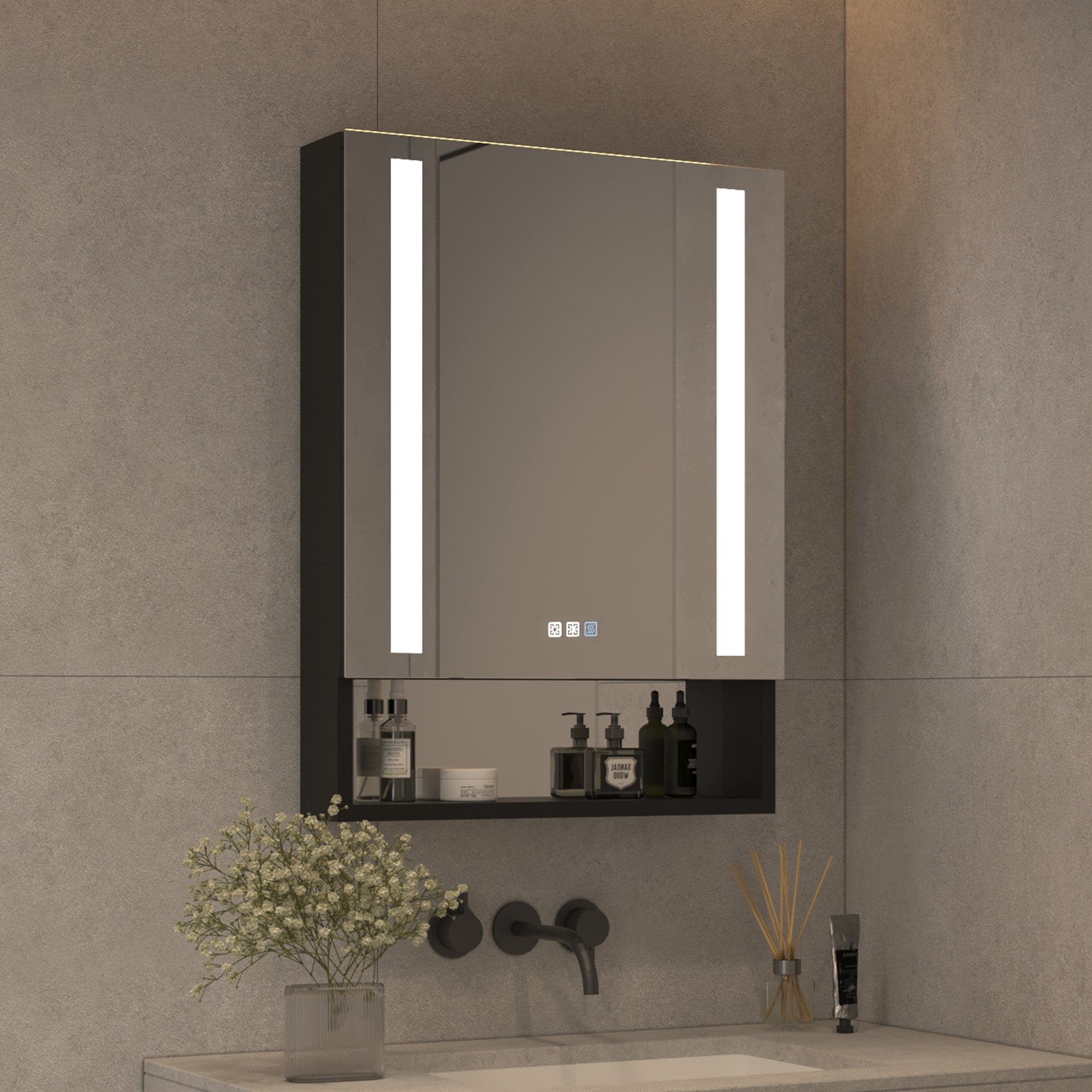 Forclover 24-in x 32-in Lighted LED Fog Free Surface/Recessed Mount Black Mirrored Soft Close Medicine Cabinet with Outlet