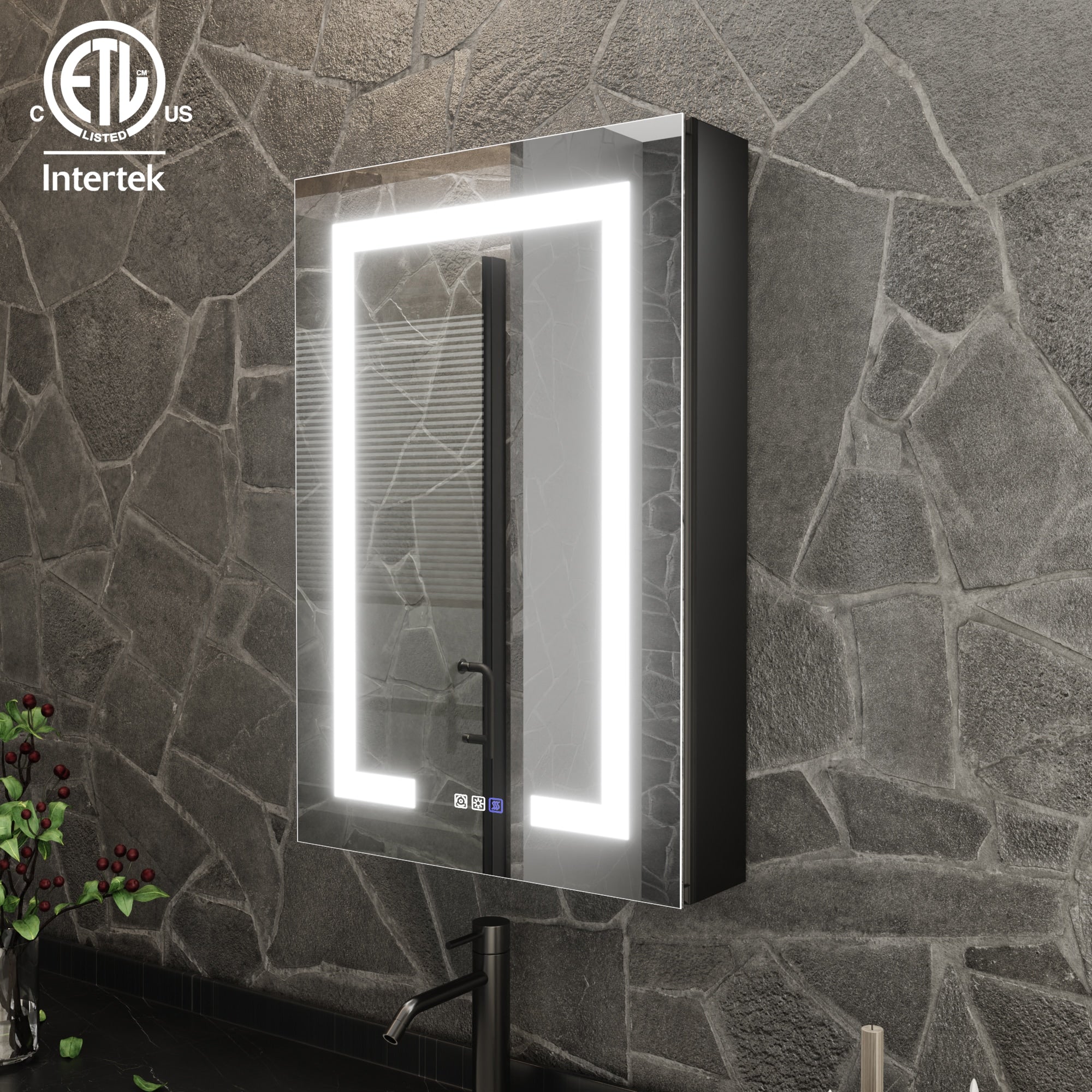 ExBrite 20-in x 30-in Lighted LED Fog Free Surface/Recessed Mount Matte Black Mirrored Soft Close Medicine Cabinet with Outlet