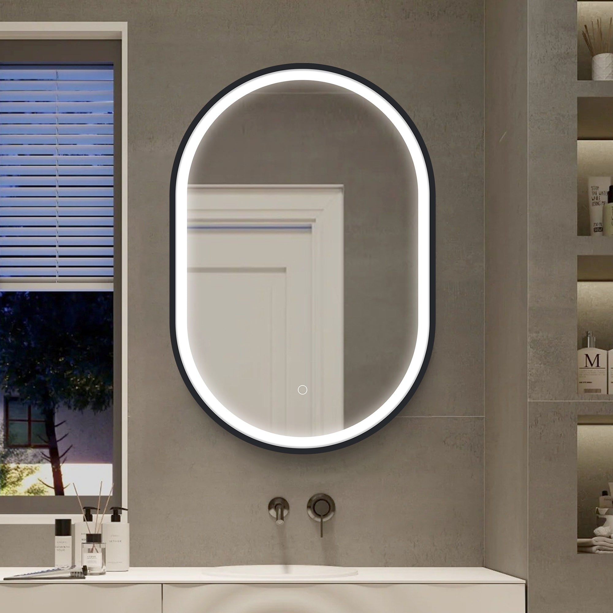 WELLFOR AO 21-in x 31-in Lighted LED Fog Free Surface Mount Black Mirrored Oval Soft Close Medicine Cabinet