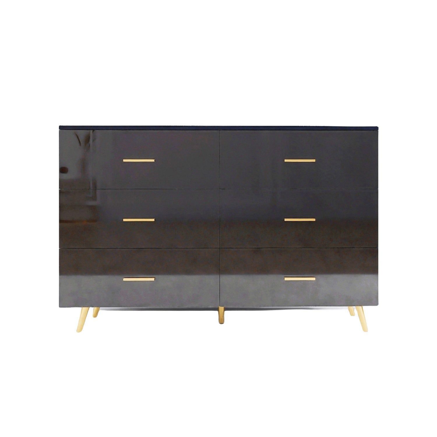 SINOFURN Contemporary Black Wood 6-Drawer Dresser with Golden Handles and Legs