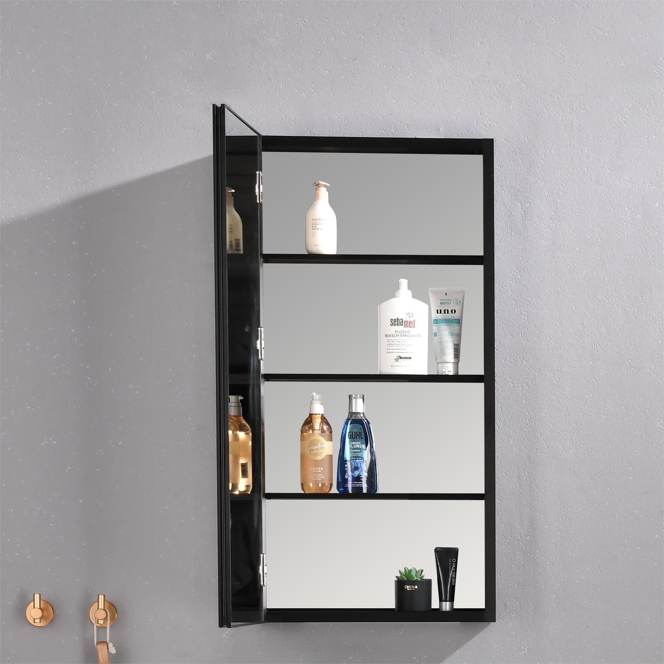 WELLFOR 18-in x 36-in Lighted Surface/Recessed Mount Black Mirrored Soft Close Medicine Cabinet