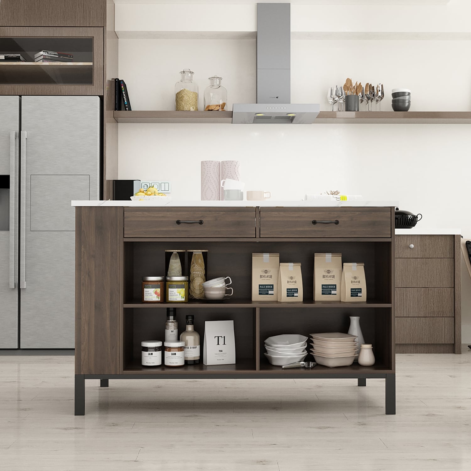 FUFU&GAGA Brown Composite Base with Mdf Top Kitchen Cart (30-in x 55.1-in x 36-in)