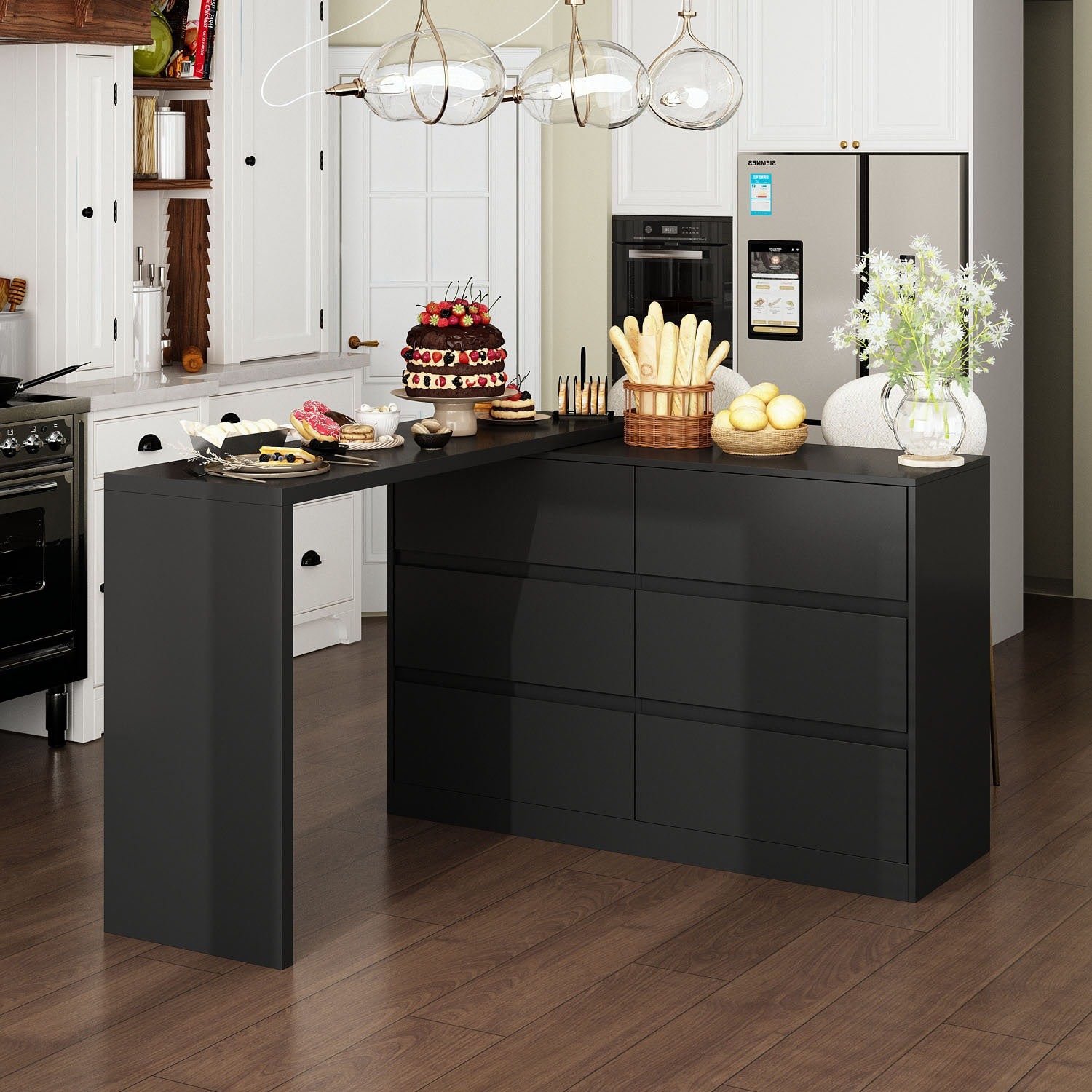 FUFU&GAGA Black Mdf Base with Mdf Top Kitchen Cart (16-in x 90.4-in x 32.7-in)