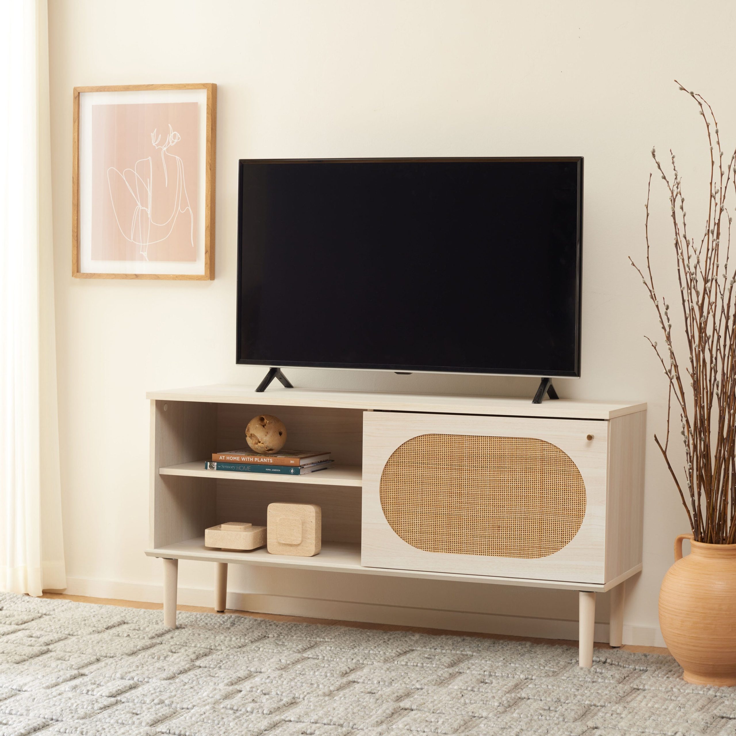 Safavieh Claude Bleached White/Natural Rattan Coastal Mdf Media Cabinet