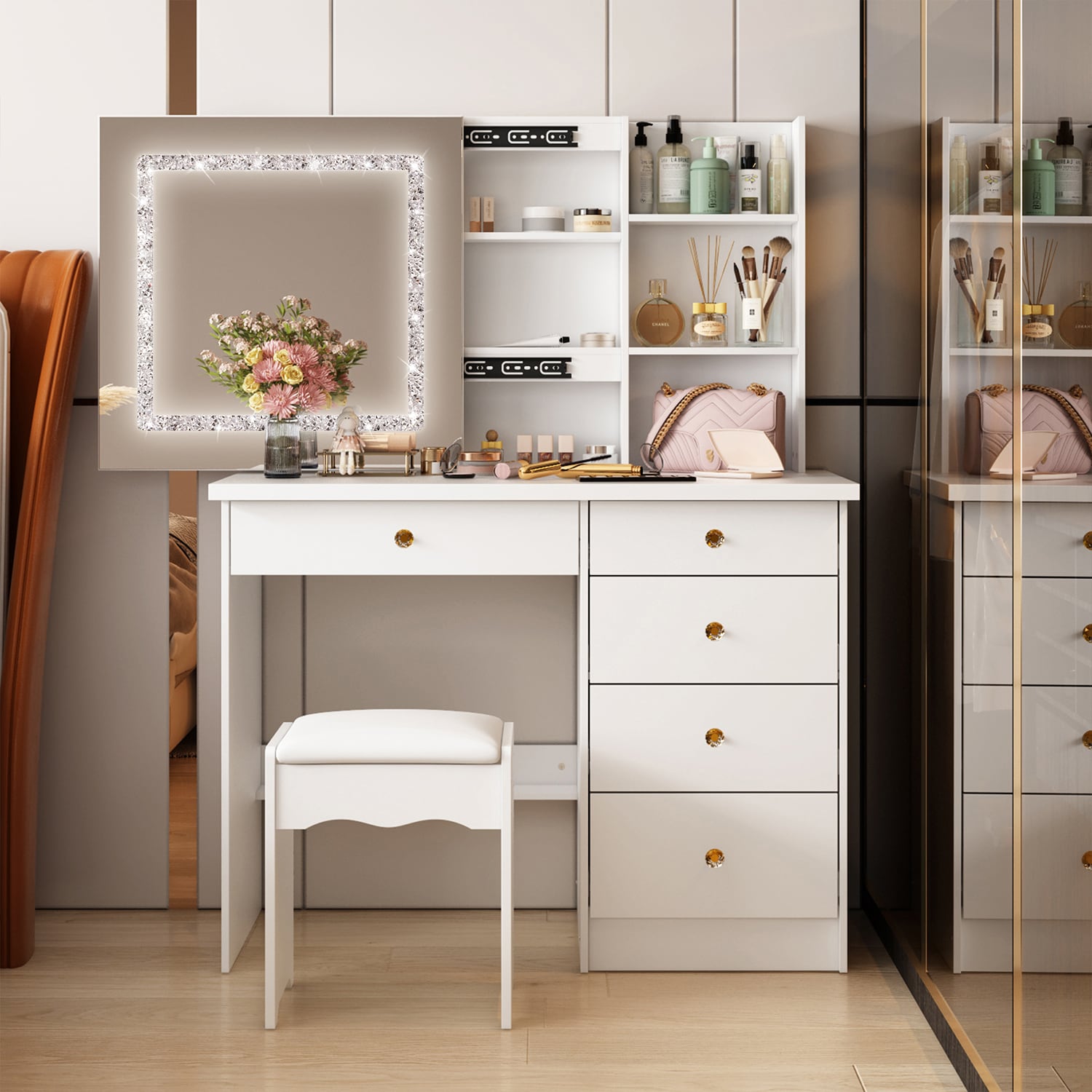 FUFU&GAGA Contemporary White Makeup Vanity with Lighted Mirror, 4 Drawers, and Cabinet Storage