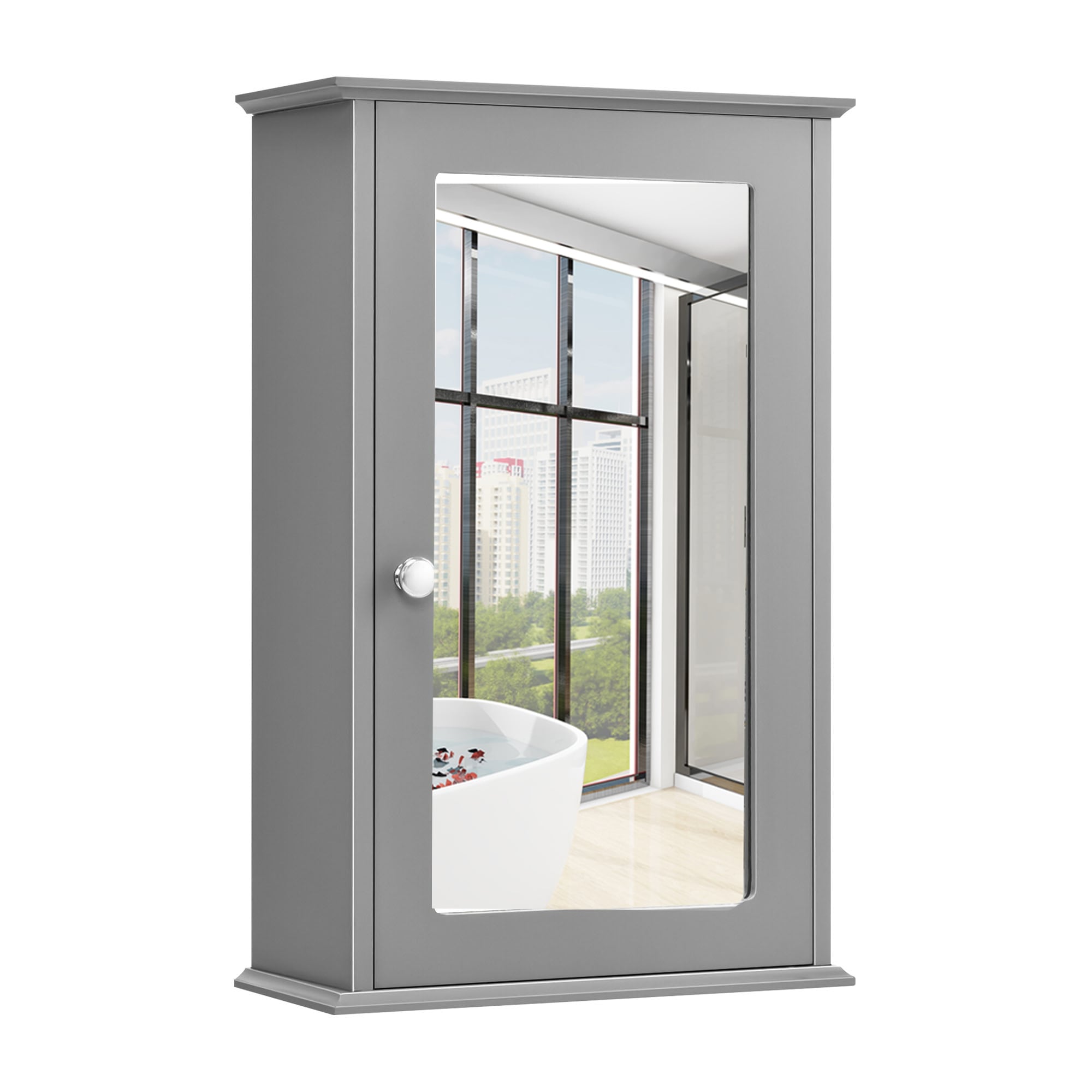 WELLFOR 13.5-in x 21-in Surface Mount Gray Mirrored Medicine Cabinet