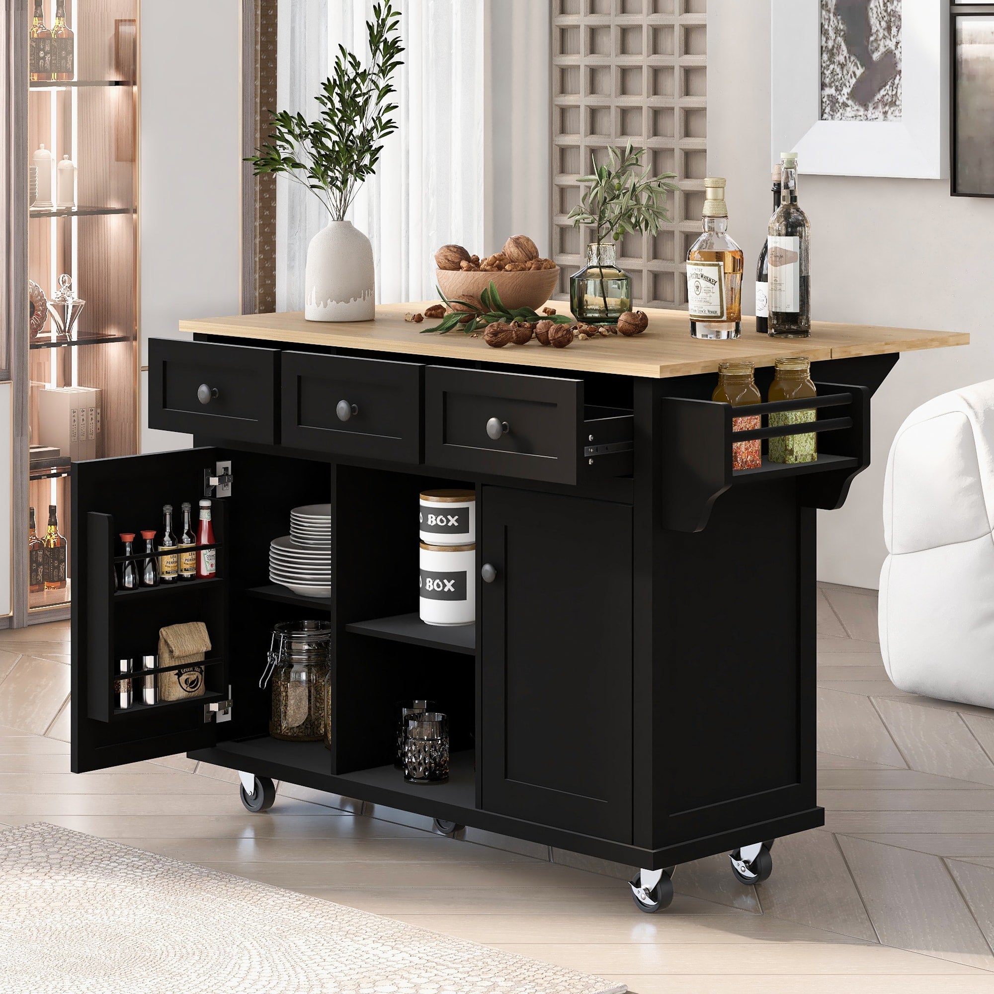 ModernLuxe Black Wood Base with Wood Top Rolling Kitchen Island (29.5-in x 53.1-in x 37.2-in)