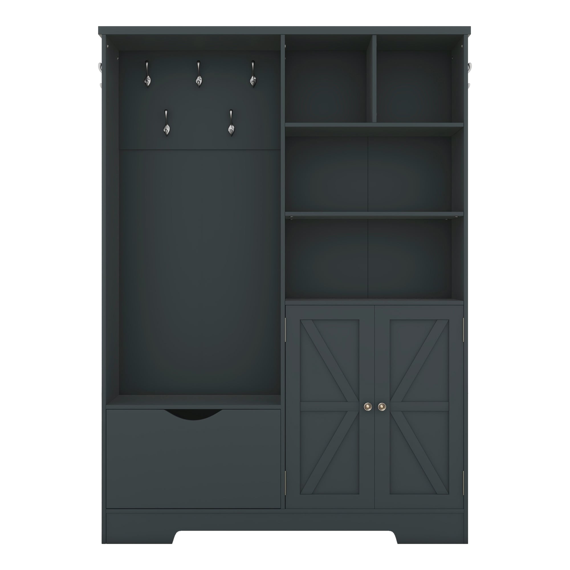 SINOFURN Antique Blue Hall Tree with Bench, Cabinet, Shelves, and Hooks - 73.2-in H x 52.7-in L x 15.7-in D