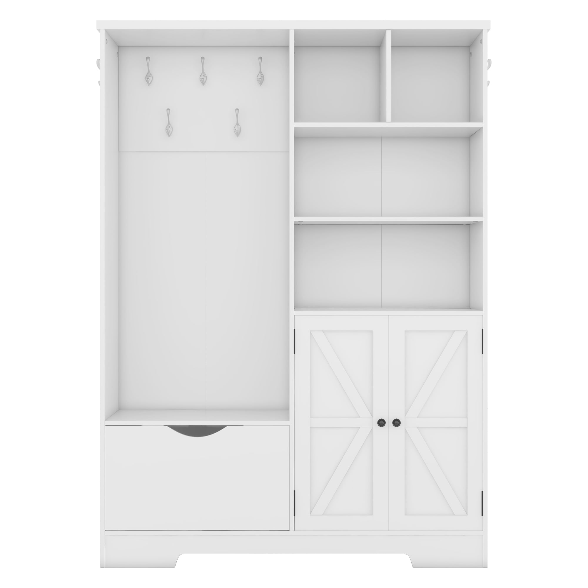 SINOFURN Contemporary White Hall Tree with Cabinet Storage, Bench, and 5 Hooks