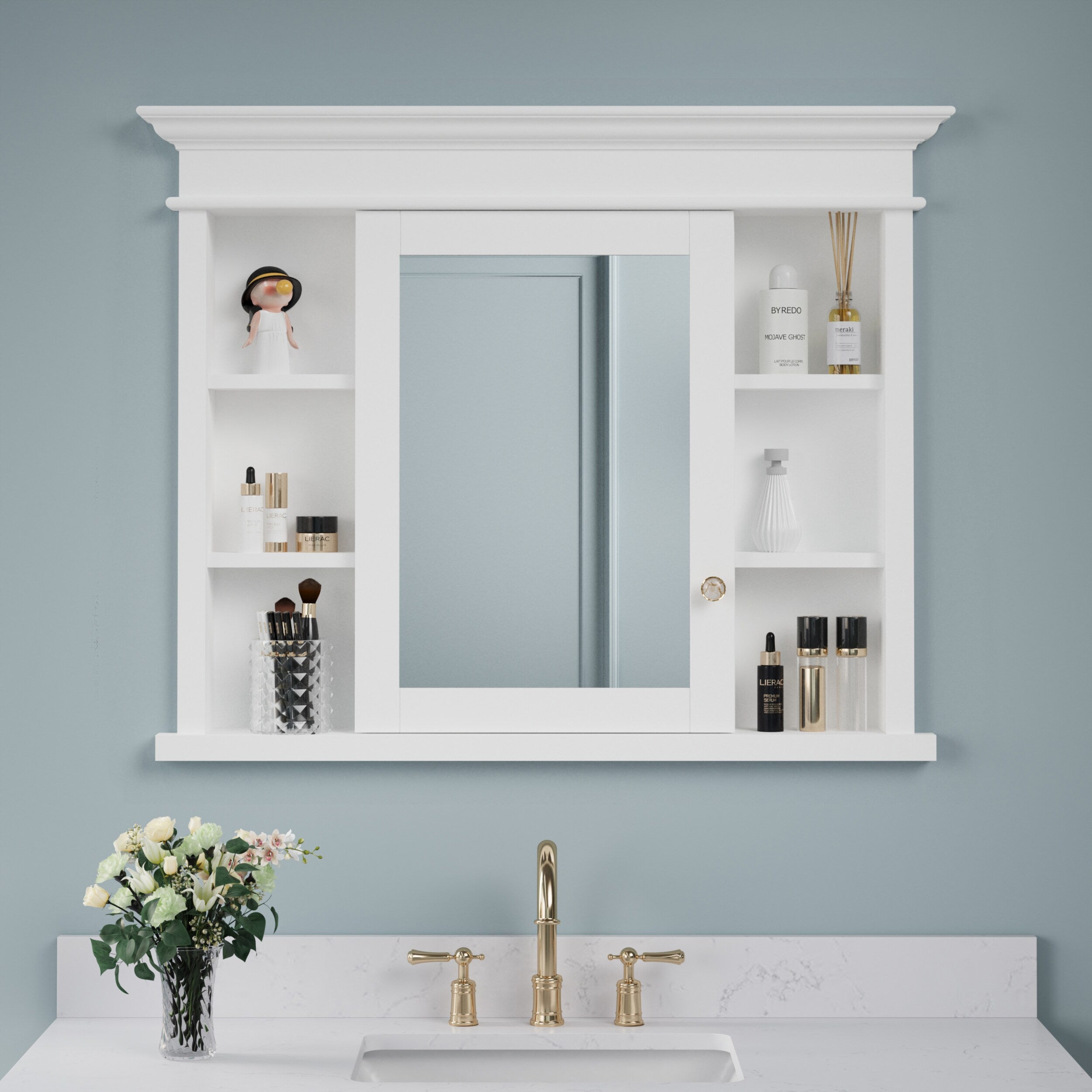 Forclover Solid Wood 40-in x 32-in Recessed Mount White Mirrored Soft Close Medicine Cabinet