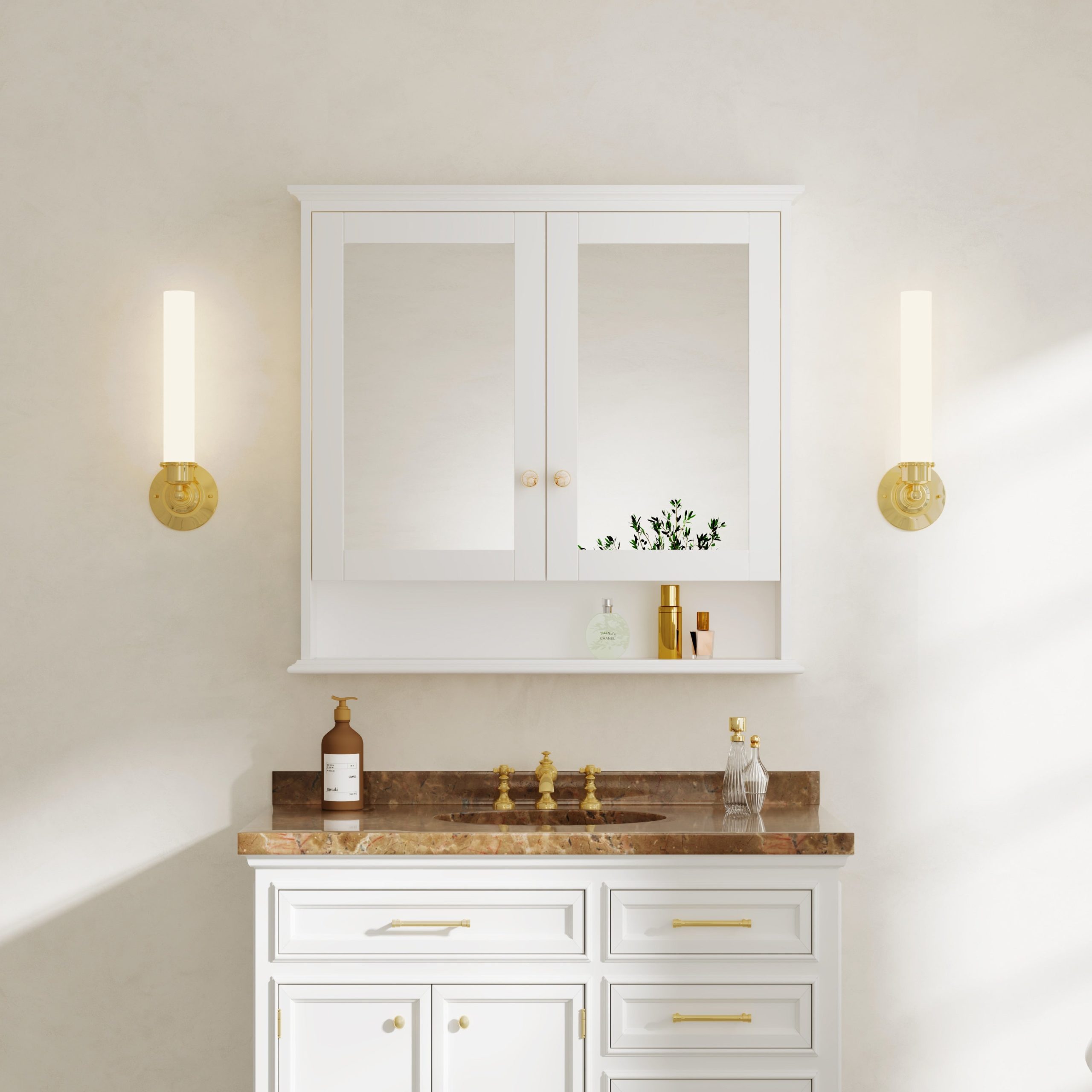 Forclover Solid Wood 36-in x 30-in Surface/Recessed Mount White Mirrored Soft Close Medicine Cabinet