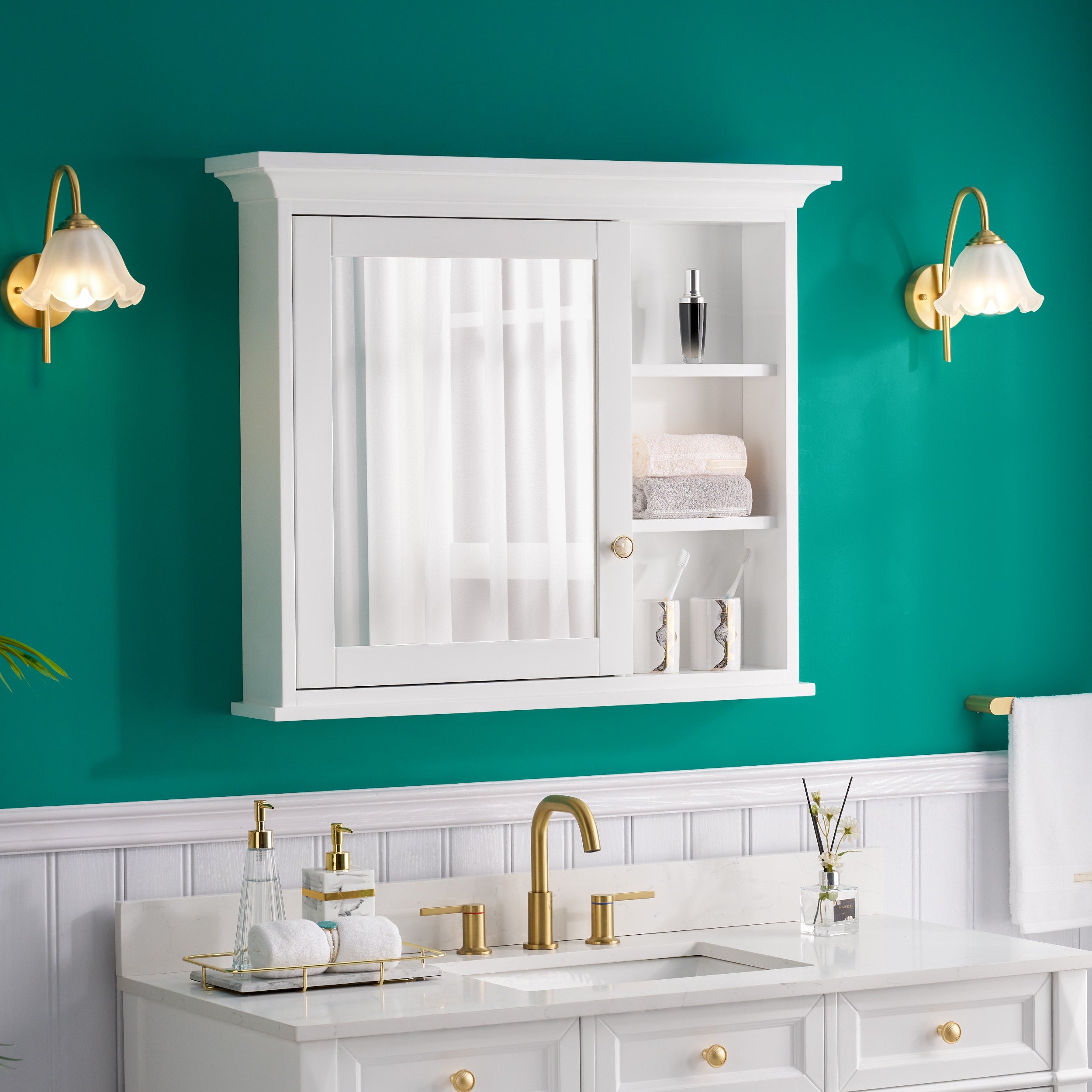 Forclover Solid Wood 36-in x 30-in Lighted Surface Mount White Mirrored Soft Close Medicine Cabinet