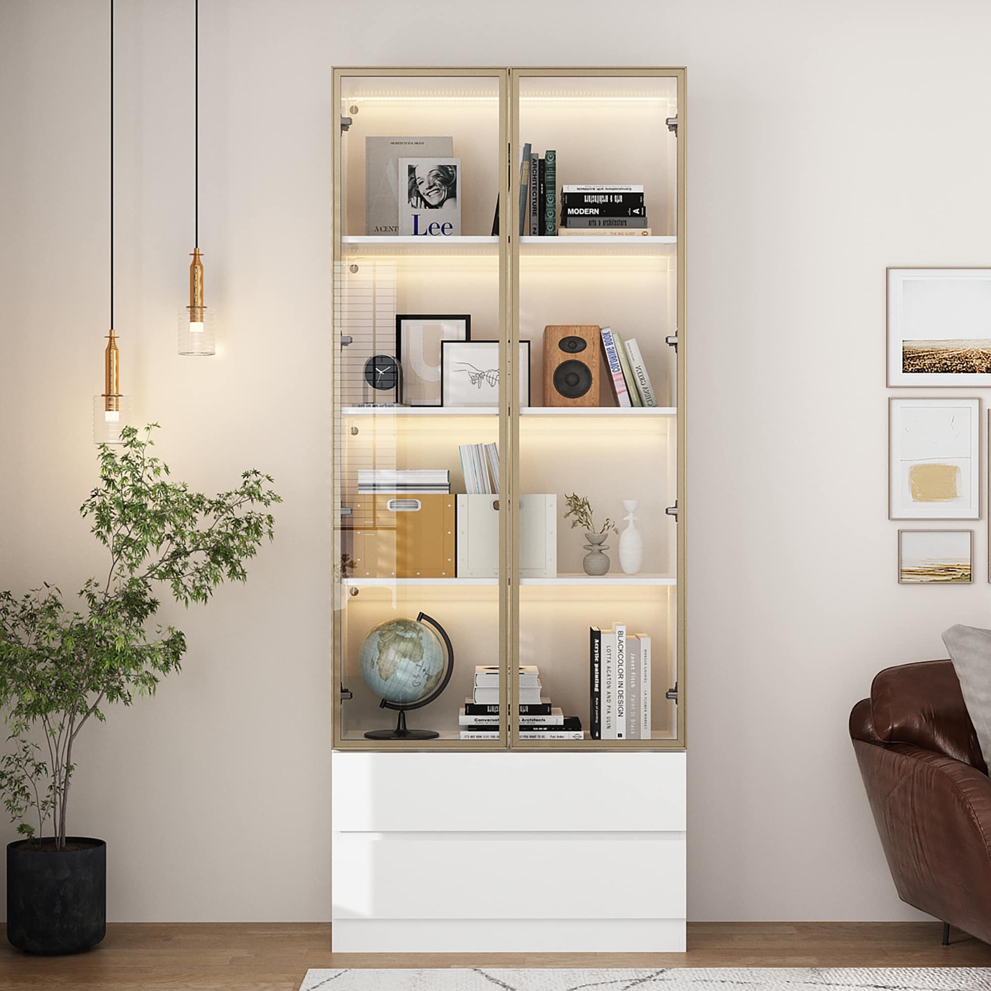 FUFU&GAGA Display Cabinet with 4 Glass Doors and Lights, 5-Tier Storage Shelves, Pop-up Design, Trophy Case Display Cabinet for Collectibles, Display Case Cabinet Black