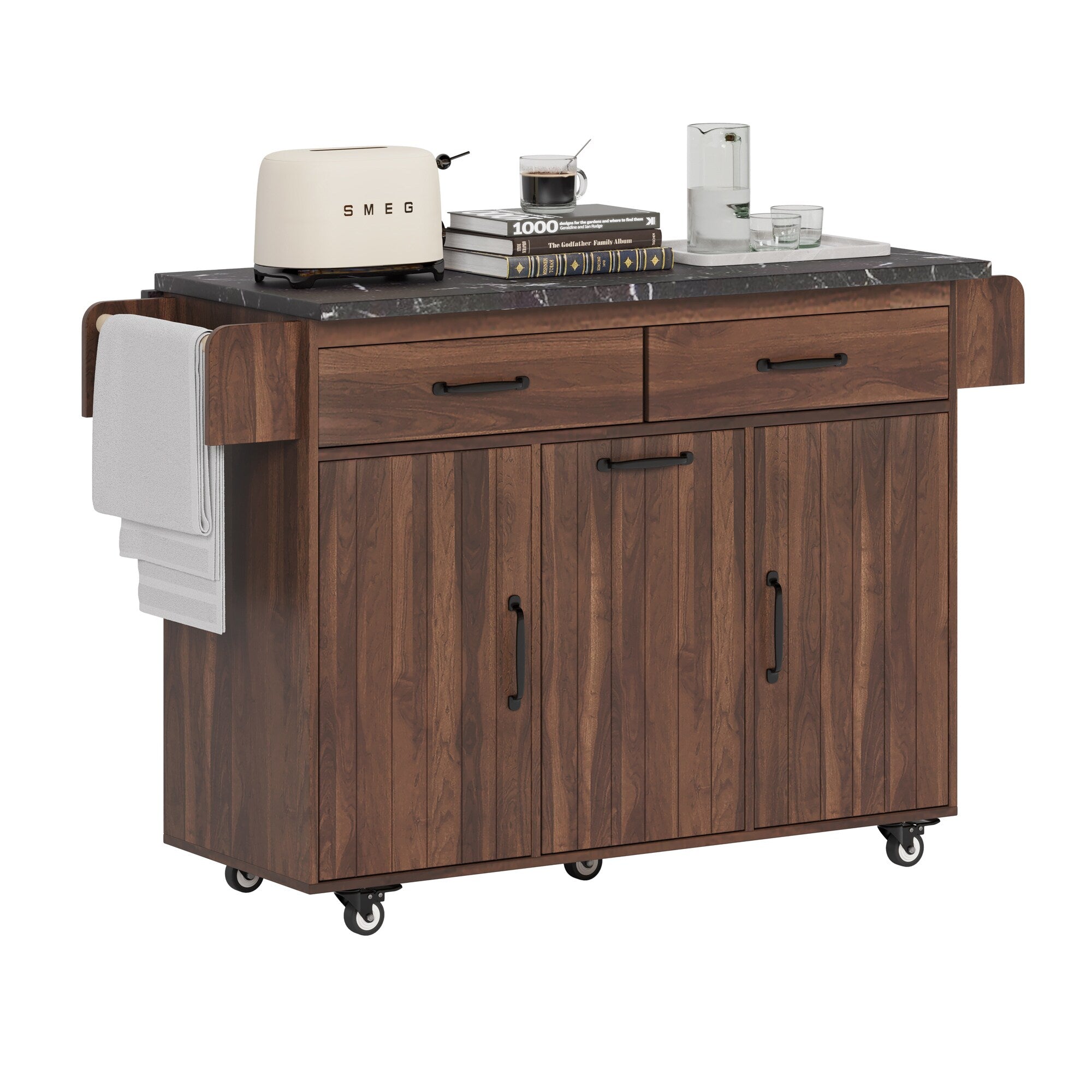 SINOFURN Brown Mdf Base with Mdf Wood Top Rolling Kitchen Cart (20.6-in x 51-in x 35-in)