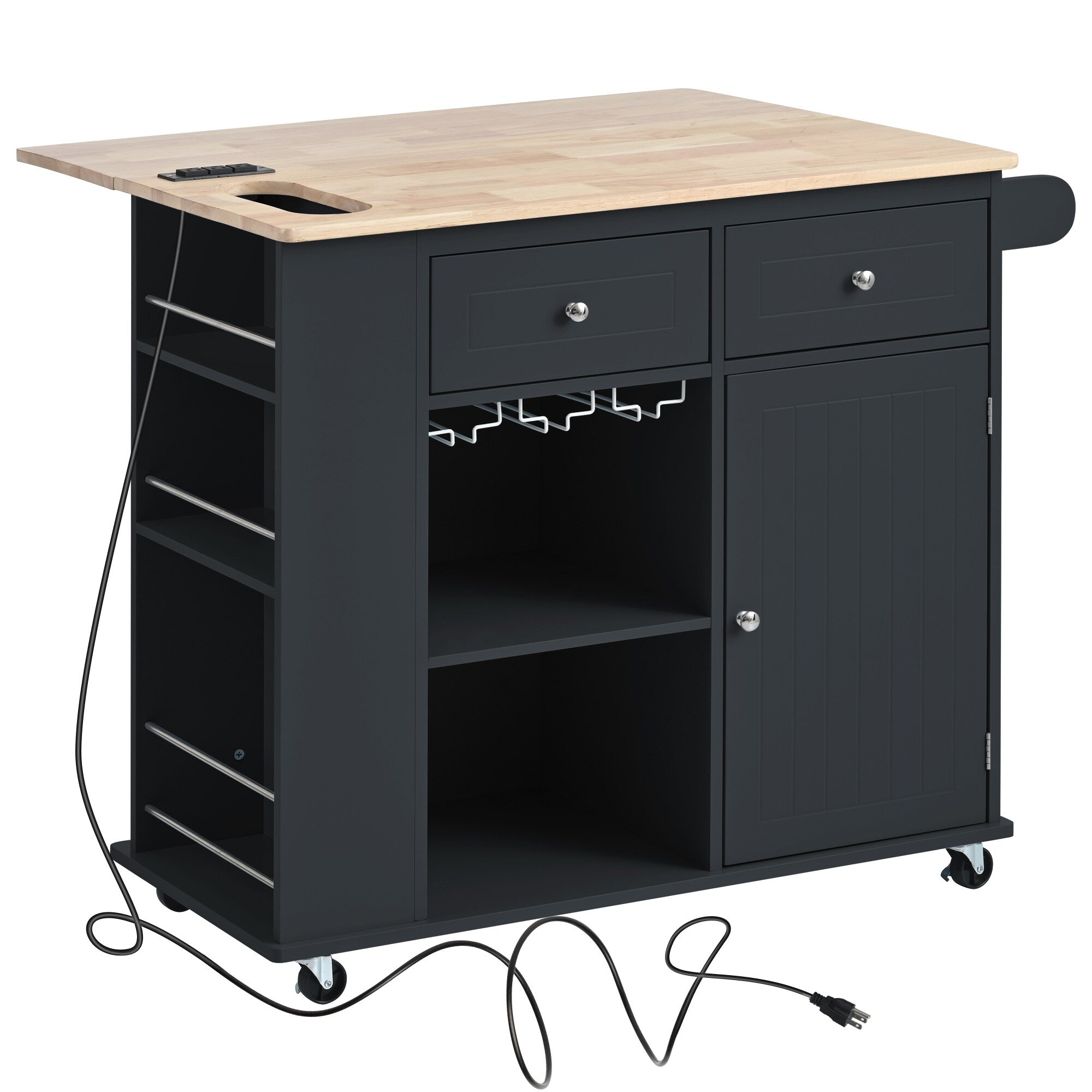SINOFURN Black Mdf Base with Wood Top Rolling Kitchen Cart (29.3-in x 39.8-in x 33.7-in)