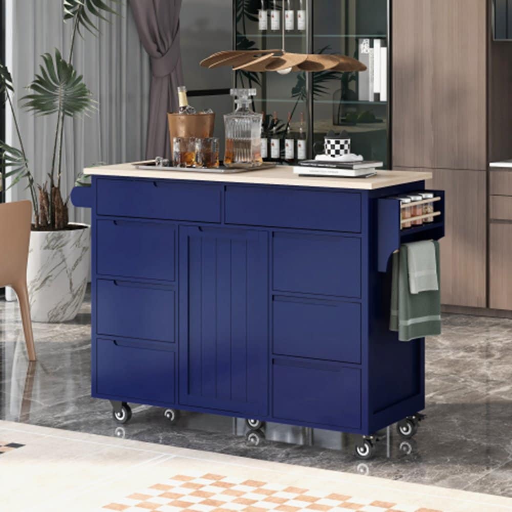 Runesay Blue Mdf Base with Mdf Wood Top Rolling Kitchen Island (18.5-in x 53.15-in x 37-in)
