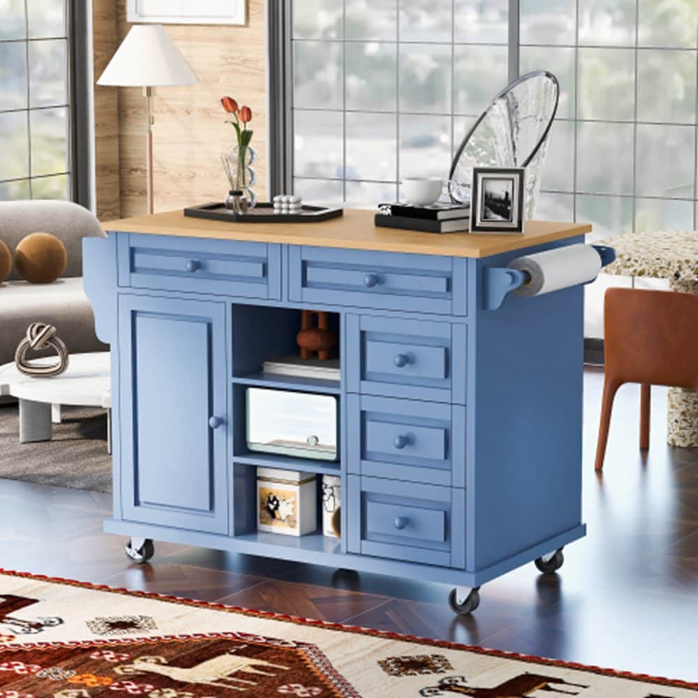 Runesay Blue Mdf Base with Mdf Wood Top Rolling Kitchen Island (18.1-in x 52.8-in x 36.2-in)