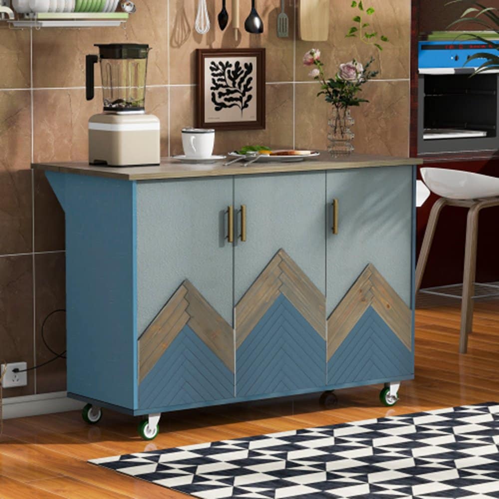 Runesay Blue Mdf Base with Mdf Wood Top Rolling Kitchen Island (25.7-in x 51.57-in x 36.7-in)