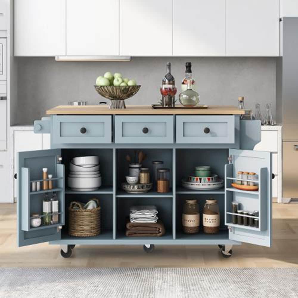 Runesay Blue Wood Base with Wood Top Rolling Kitchen Island (29.5-in x 53.1-in x 37.2-in)