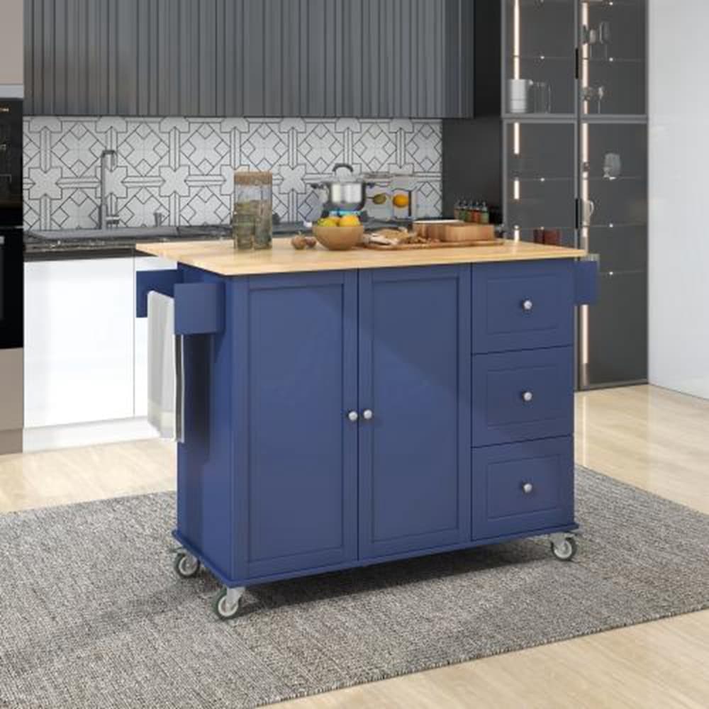 Runesay Blue Wood Base with Wood Top Rolling Kitchen Island (29.5-in x 52.76-in x 36.81-in)