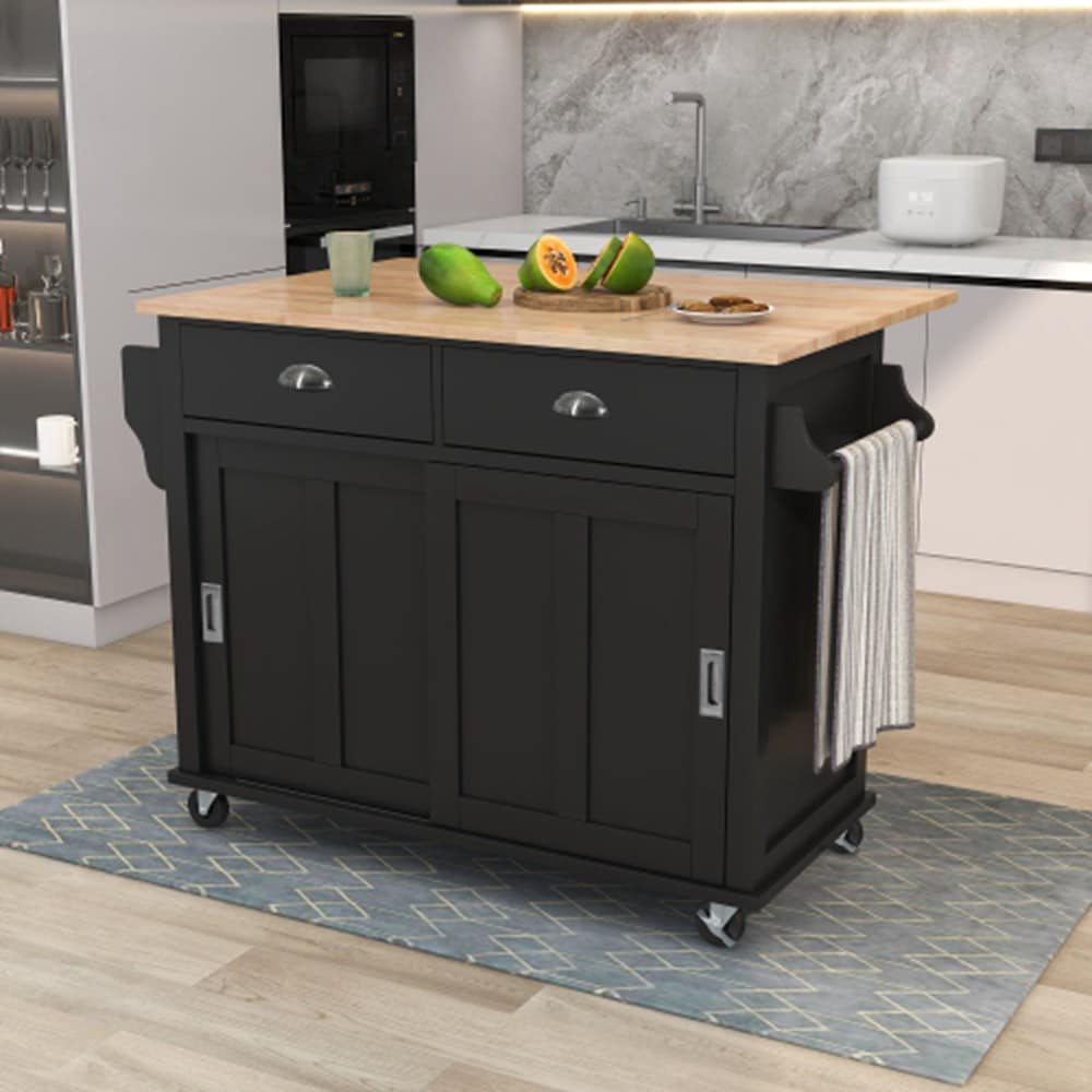 Runesay Black Wood Base with Wood Top Rolling Kitchen Island (20.5-in x 52.2-in x 36.6-in)