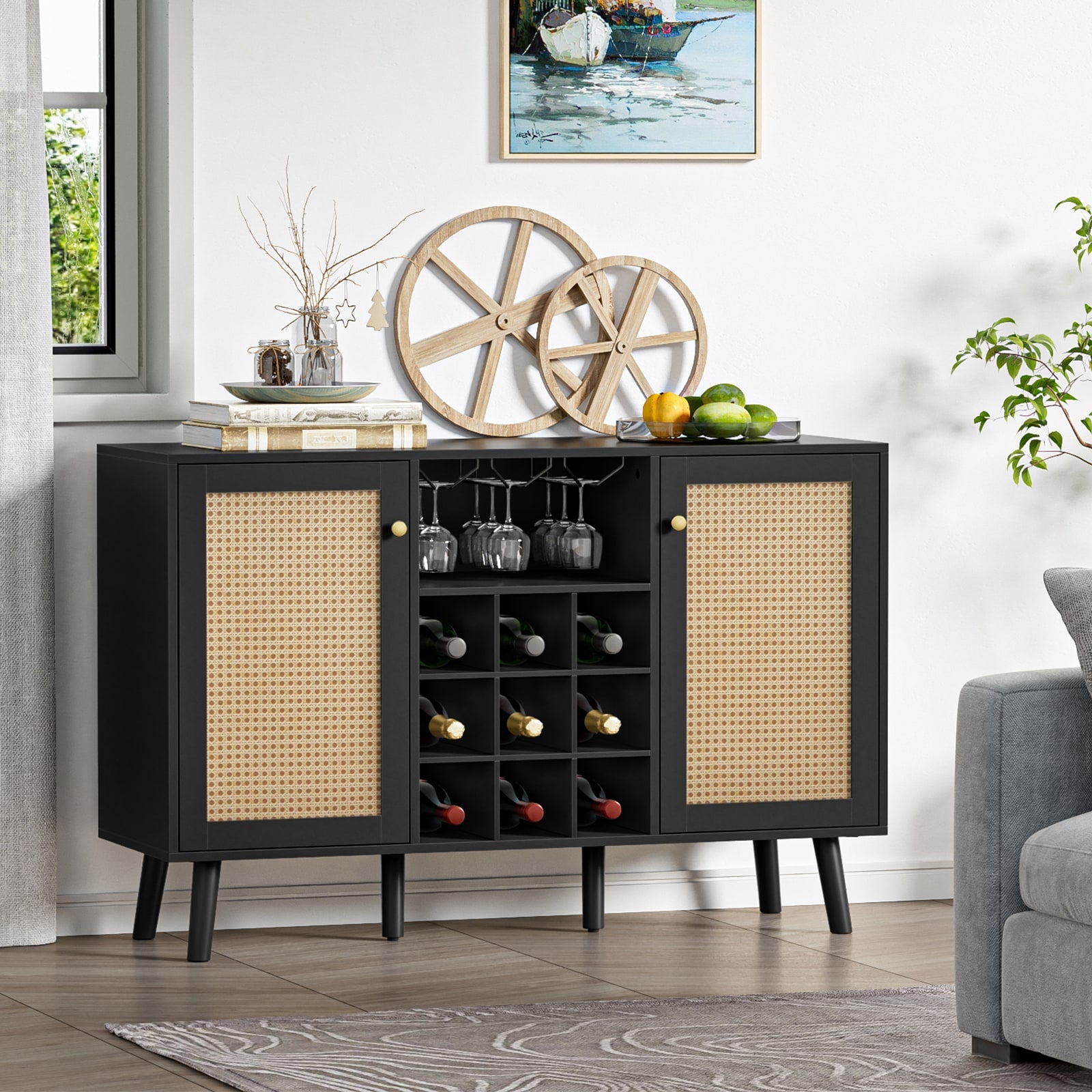 Delarpo 9-Bottle Black Wood Wine Cabinet