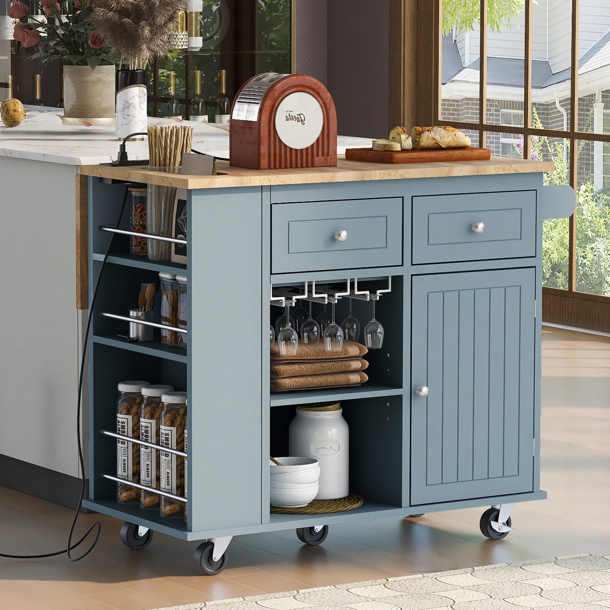 Runesay Blue Mdf Base with Mdf Wood Top Rolling Kitchen Island (29.33-in x 39.8-in x 33.7-in)