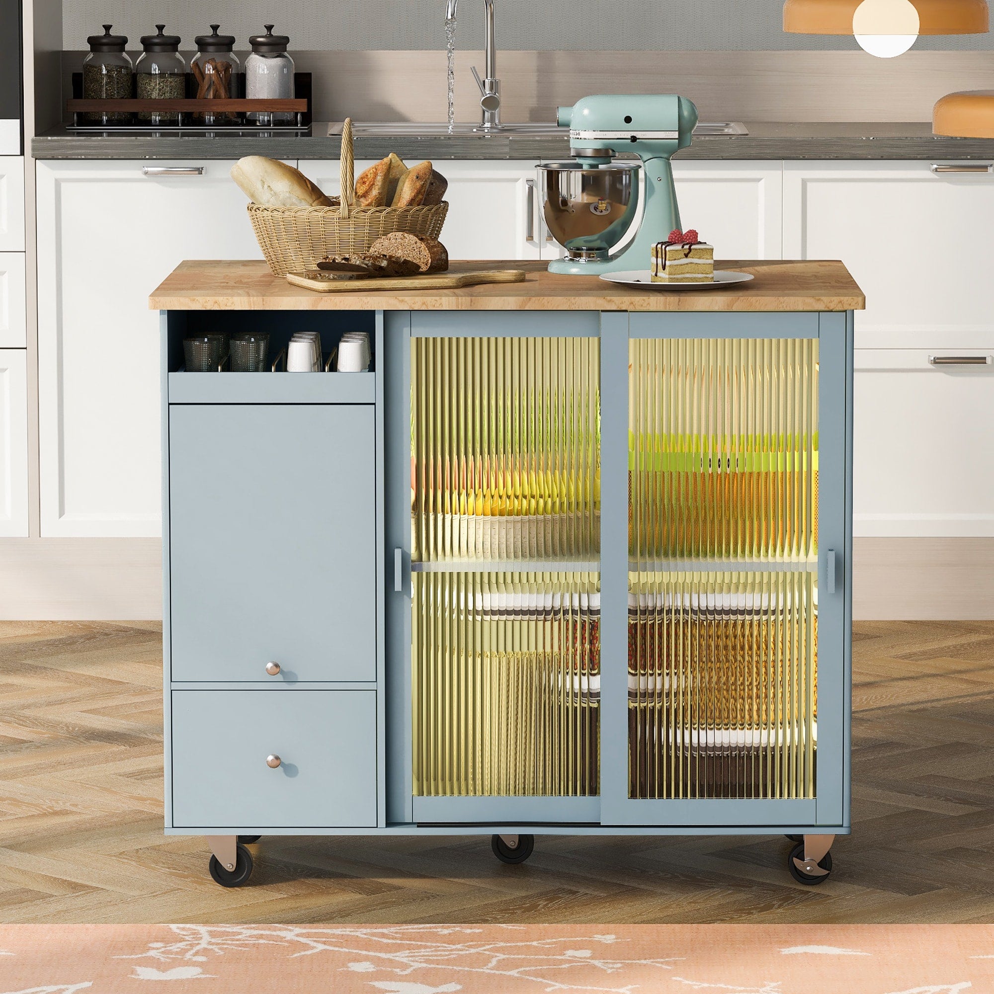 Runesay Blue Mdf Base with Mdf Wood Top Rolling Kitchen Island (26.97-in x 44.03-in x 37-in)