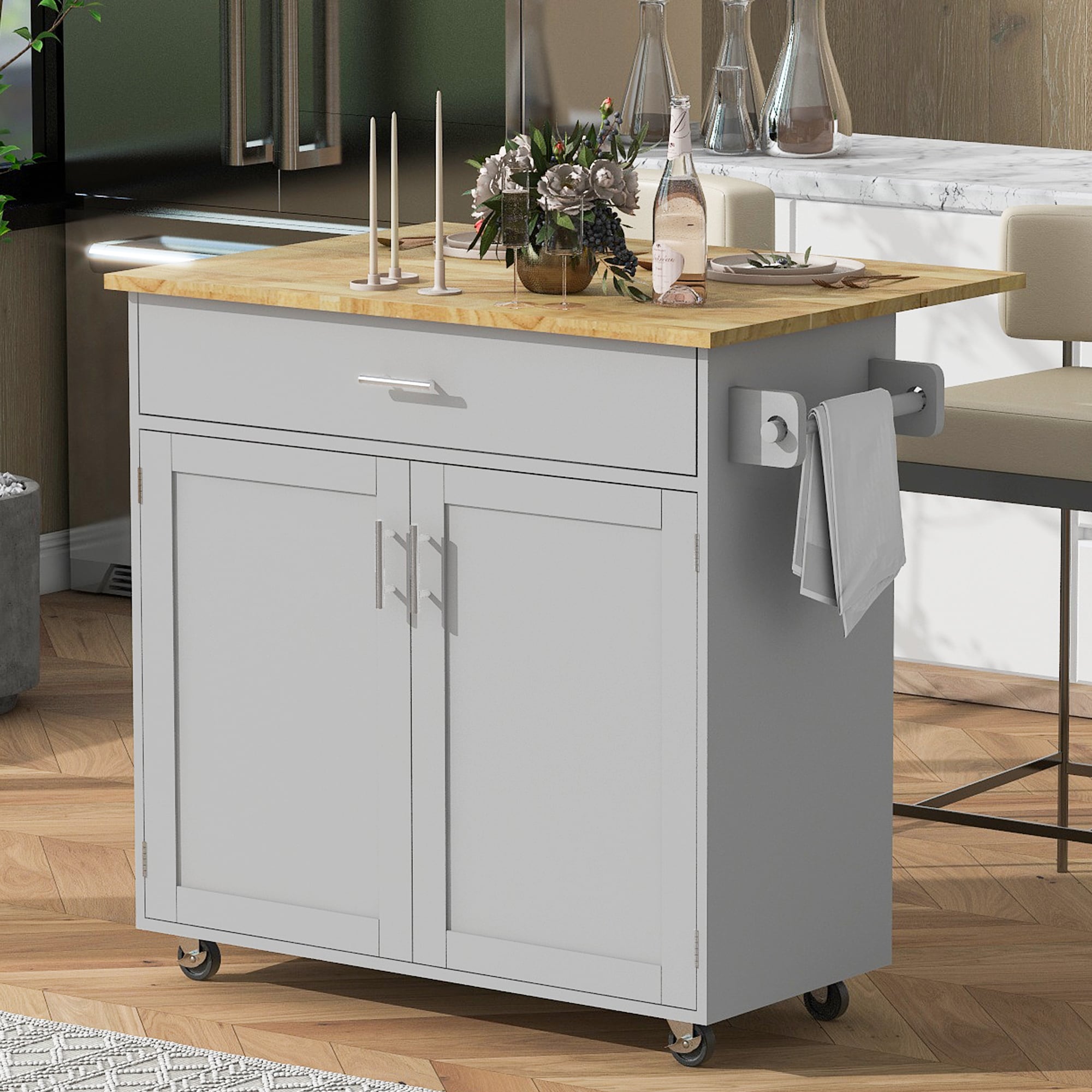 Runesay Blue Mdf Base with Mdf Wood Top Rolling Kitchen Island (25.7-in x 39-in x 34-in)
