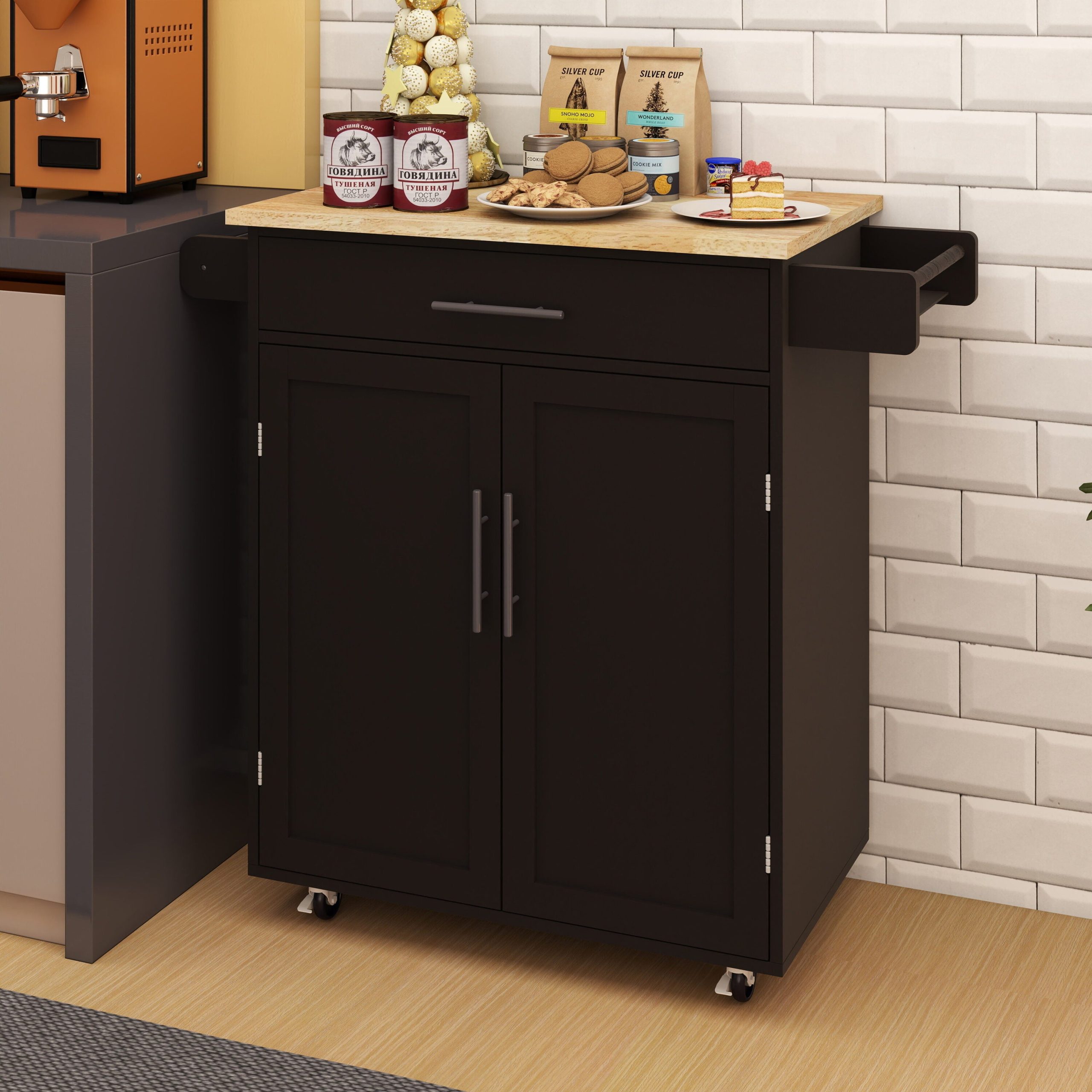 Runesay Black Wood Base with Wood Top Rolling Kitchen Island (17.72-in x 32.68-in x 36.02-in)