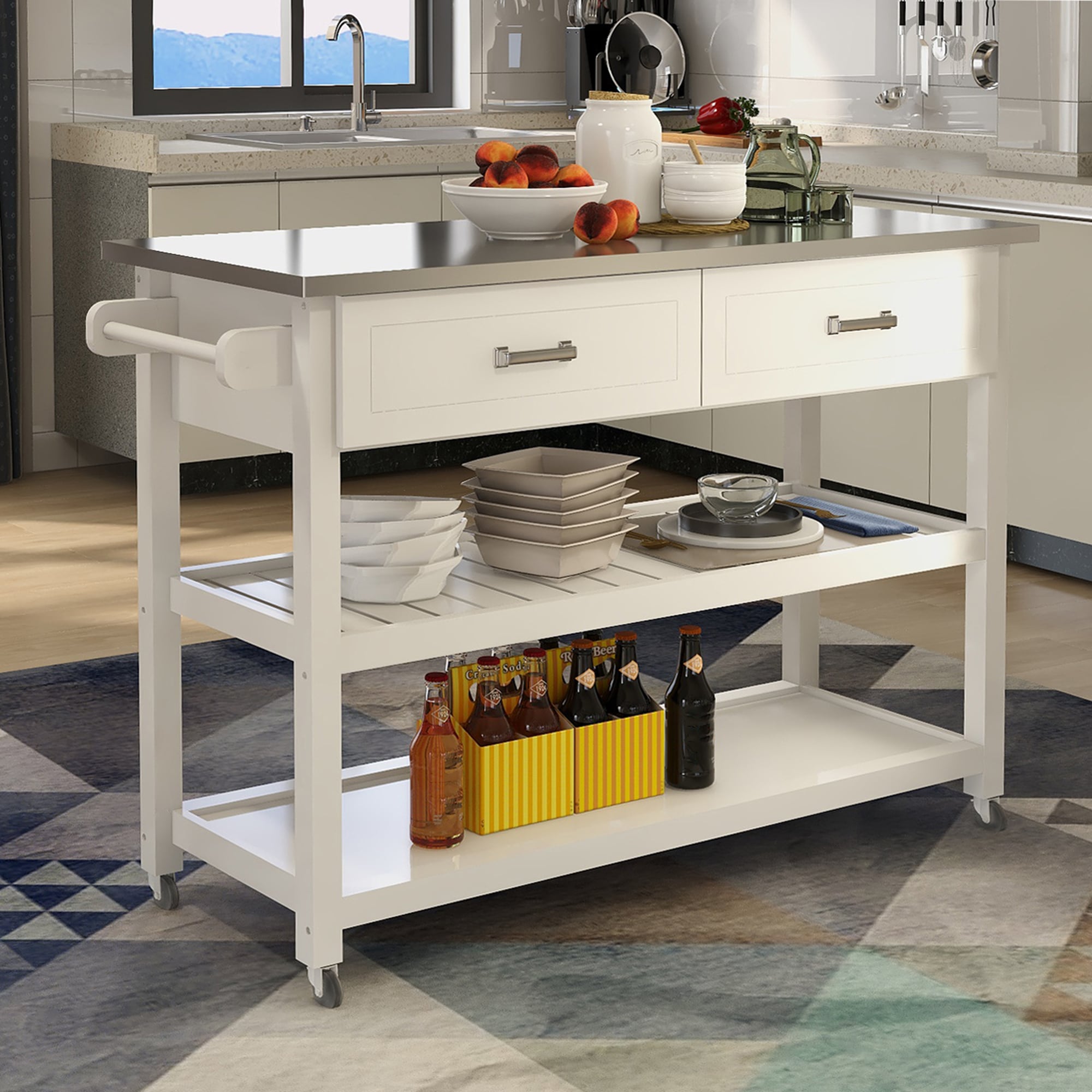 Nestfair White Wood Base with Mdf Wood Top Rolling Kitchen Cart (19.69-in x 47.2-in x 36.02-in)