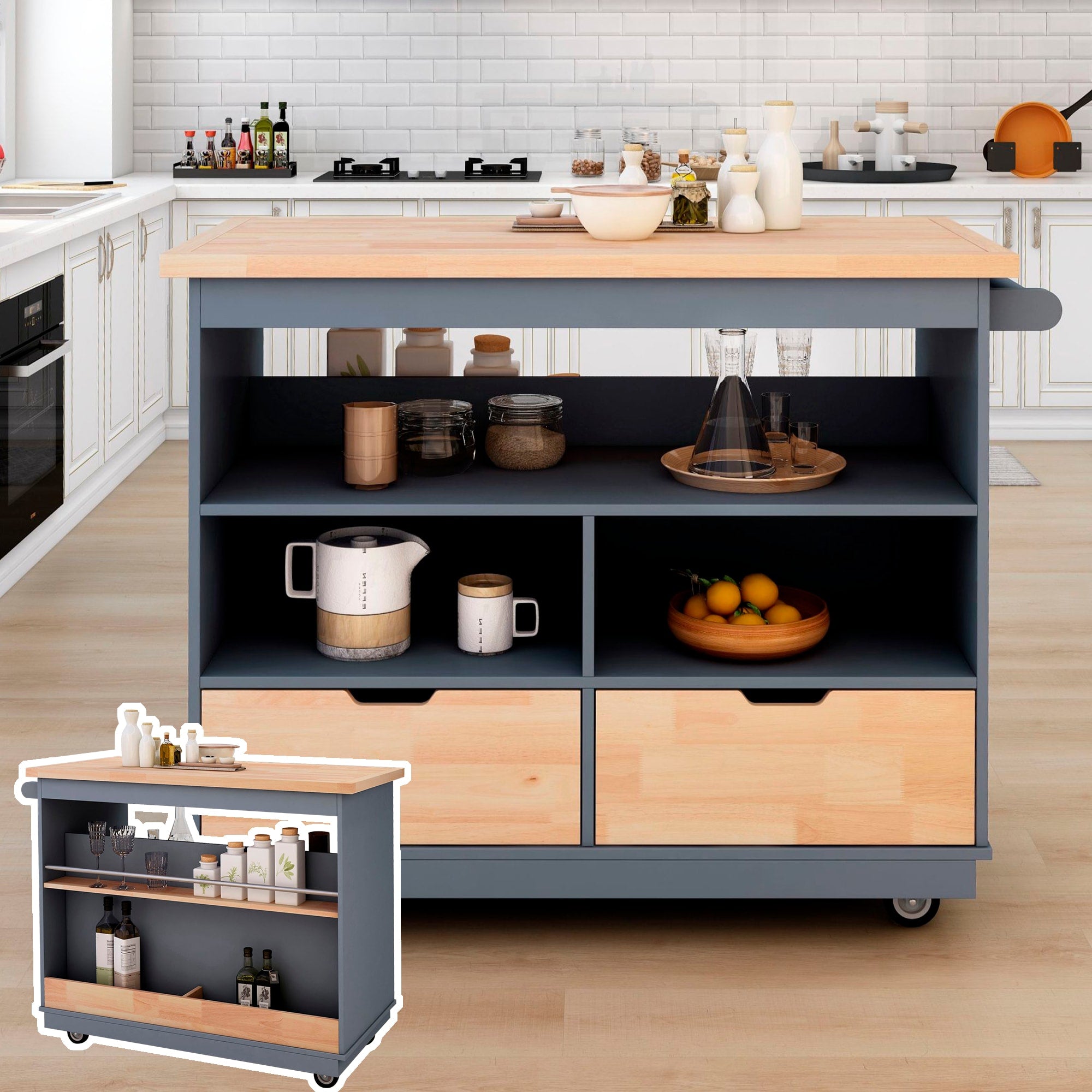 Nestfair Blue Wood Base with Mdf Wood Top Rolling Kitchen Island (21.7-in x 46-in x 35.62-in)