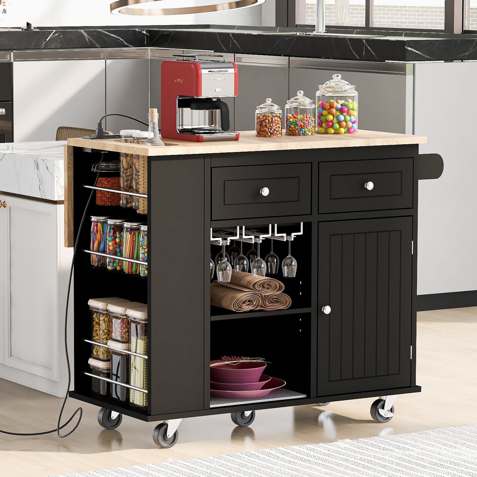Nestfair Black Wood Base with Mdf Top Rolling Kitchen Island (29.33-in x 39.8-in x 33.7-in)