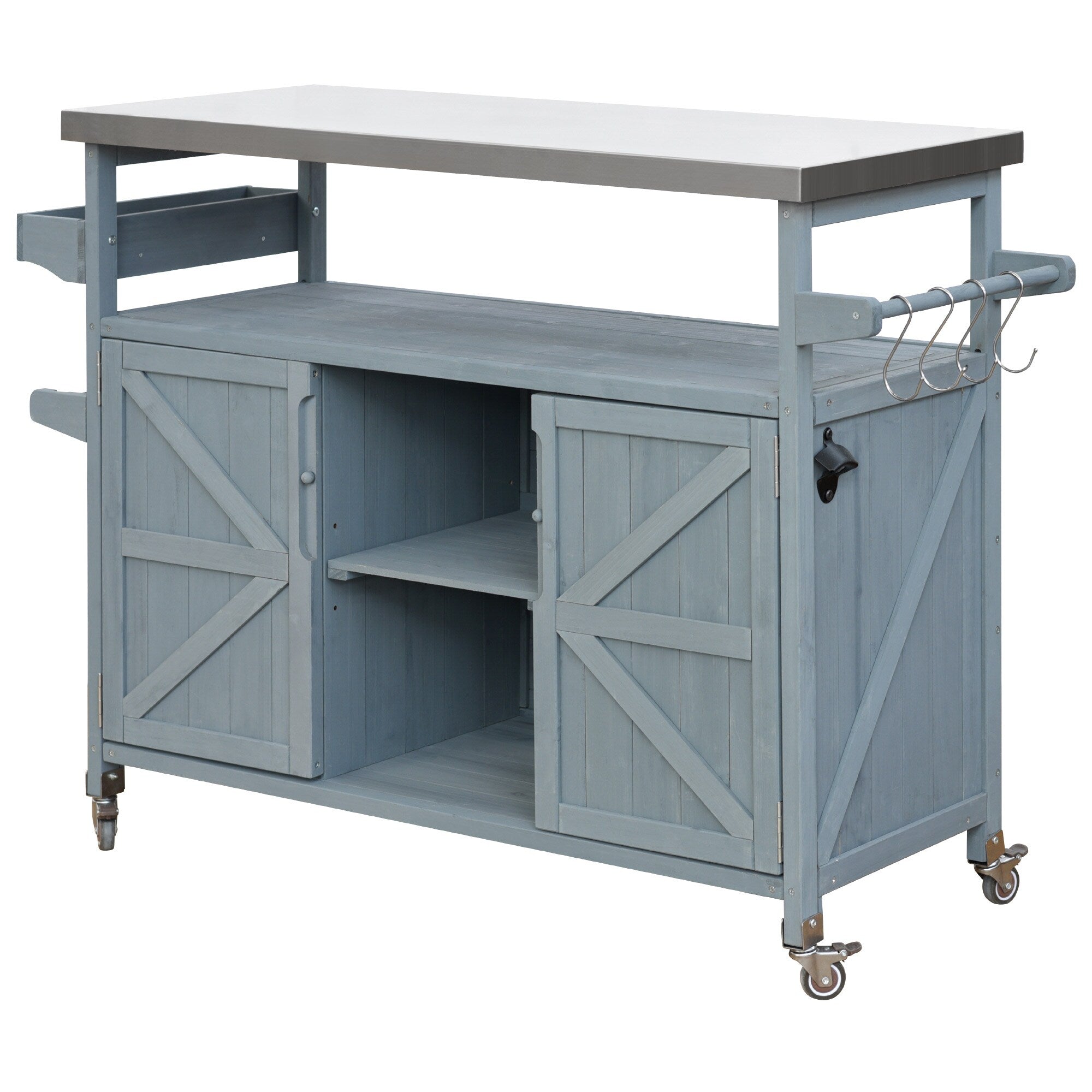 Kahomvis Blue Wood Base with Steel Metal Top Rolling Kitchen Island (18.5-in x 50.25-in x 36.3-in)