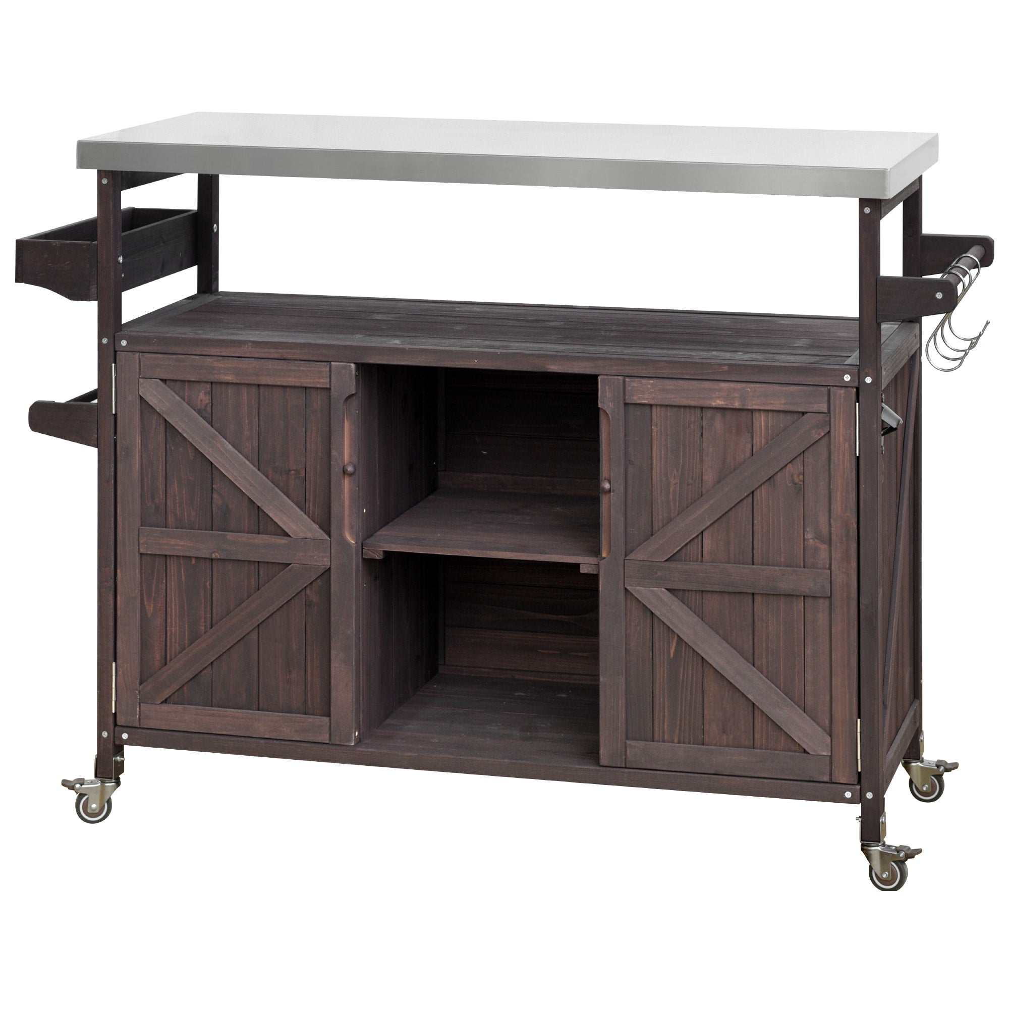 Kahomvis Brown Wood Base with Steel Metal Top Rolling Kitchen Island (18.5-in x 50.25-in x 36.3-in)
