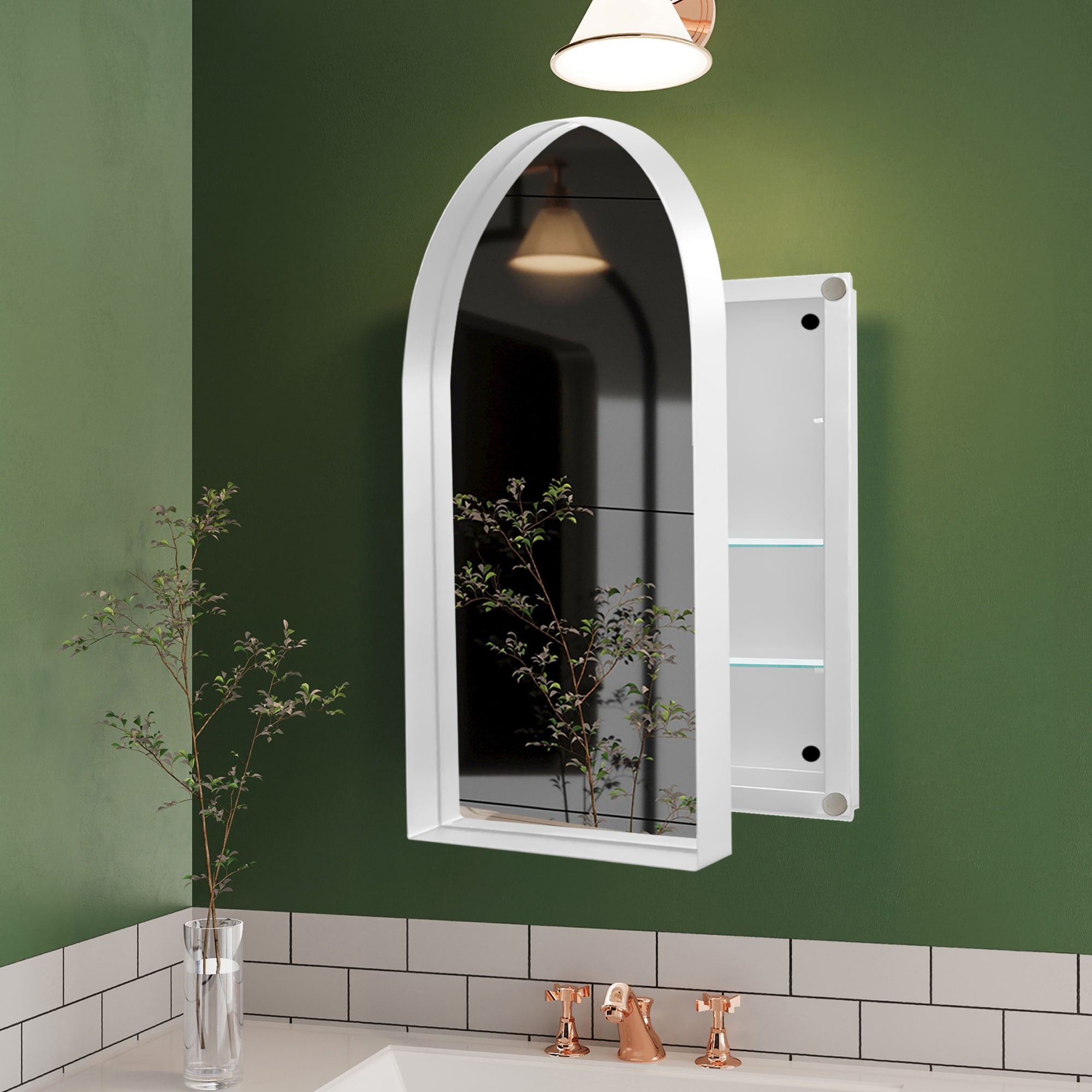 WELLFOR FS 24-in x 36-in Recessed Mount White Mirrored Arched Soft Close Medicine Cabinet