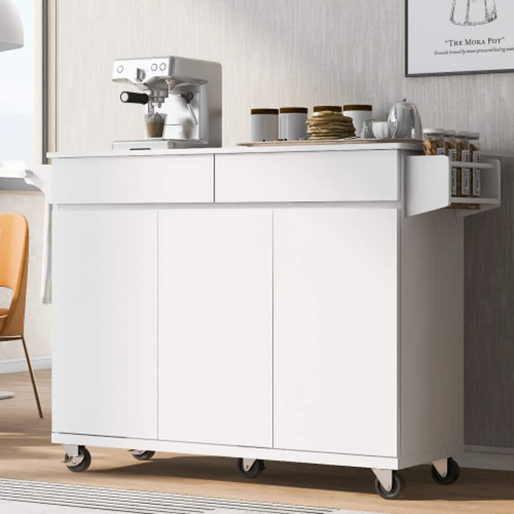 Runesay White Mdf Base with Mdf Wood Top Rolling Kitchen Island (27.56-in x 53.15-in x 36.33-in)