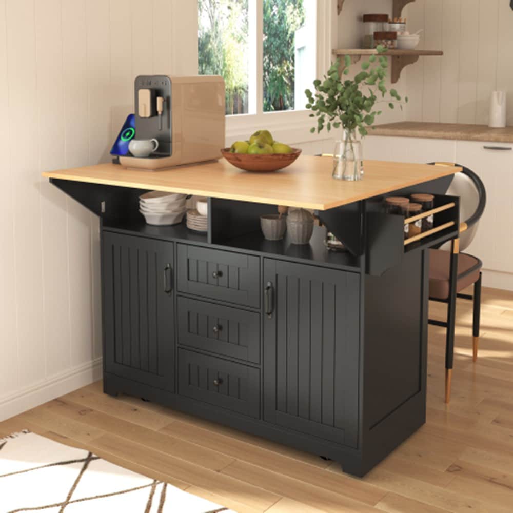 Runesay Black Mdf Base with Mdf Wood Top Kitchen Island (34-in x 55.75-in x 36.5-in)