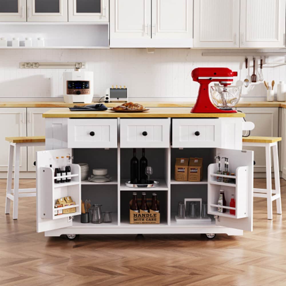 Runesay White Mdf Base with Mdf Wood Top Rolling Kitchen Island (29.52-in x 53.14-in x 36.4-in)