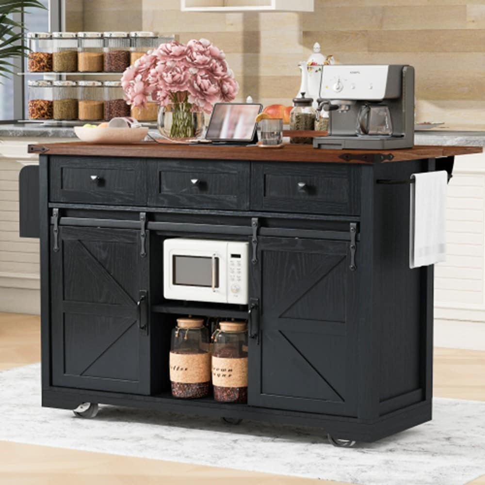 Runesay Black Mdf Base with Mdf Wood Top Rolling Kitchen Island (28.75-in x 53.75-in x 36.5-in)