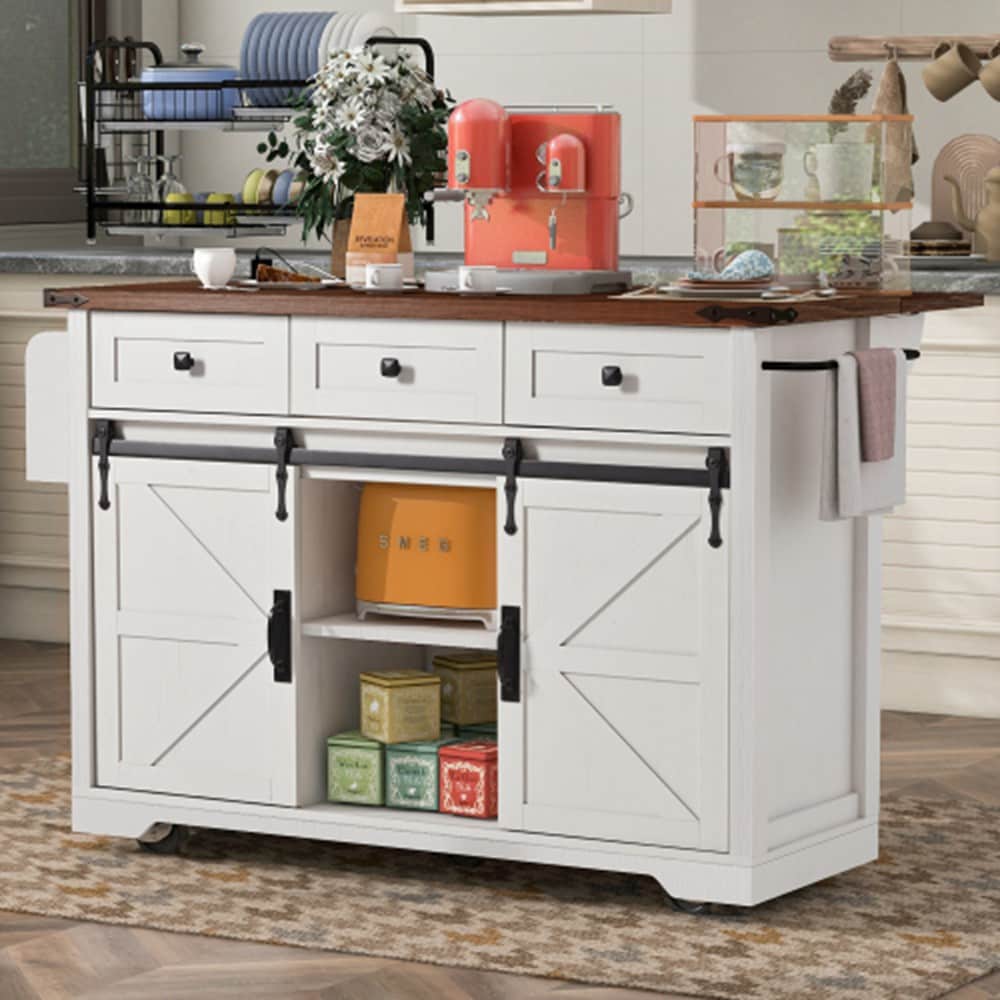 Runesay White Mdf Base with Mdf Wood Top Rolling Kitchen Island (28.75-in x 53.75-in x 36.5-in)