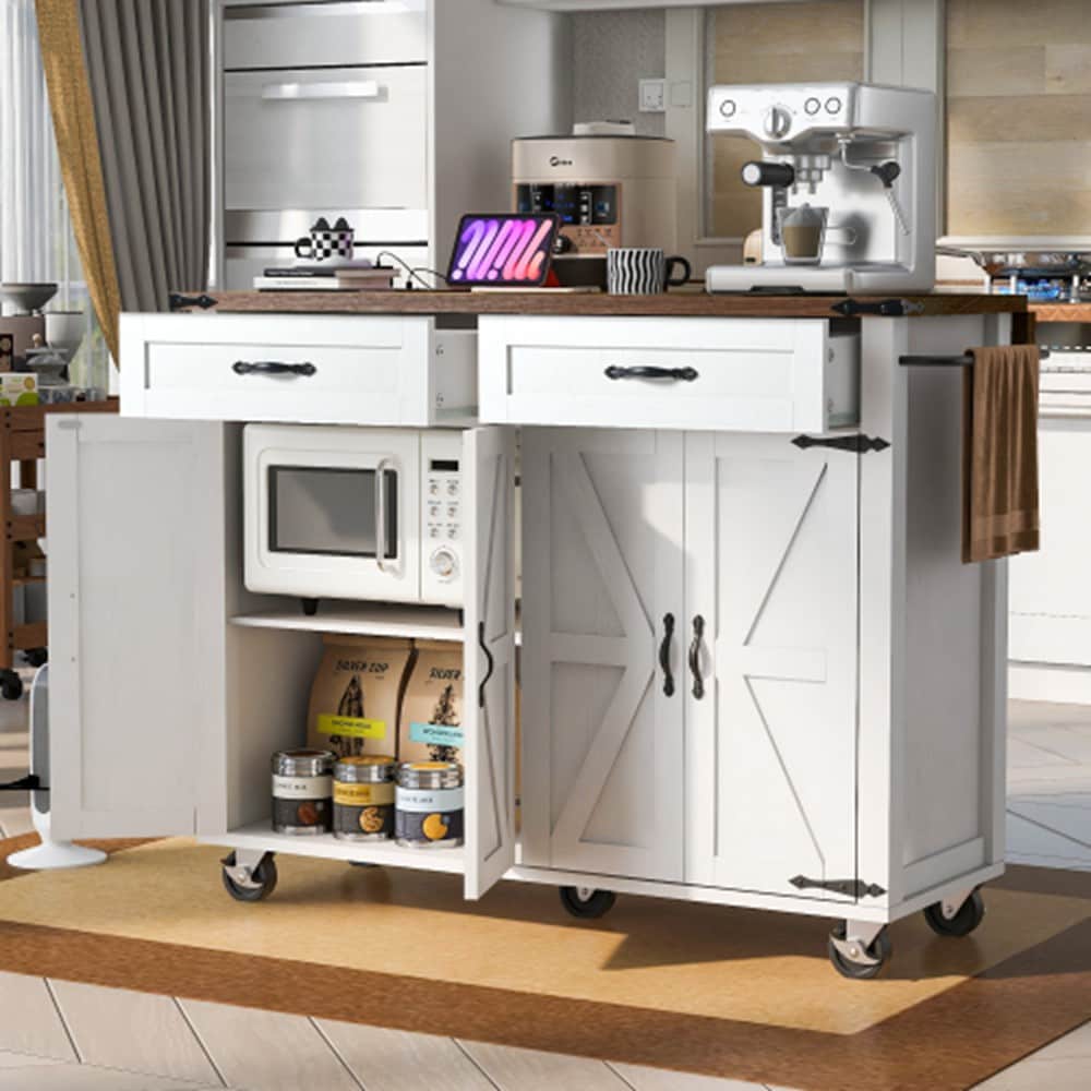 Runesay White Mdf Base with Mdf Wood Top Rolling Kitchen Island (28.75-in x 53.5-in x 36.5-in)